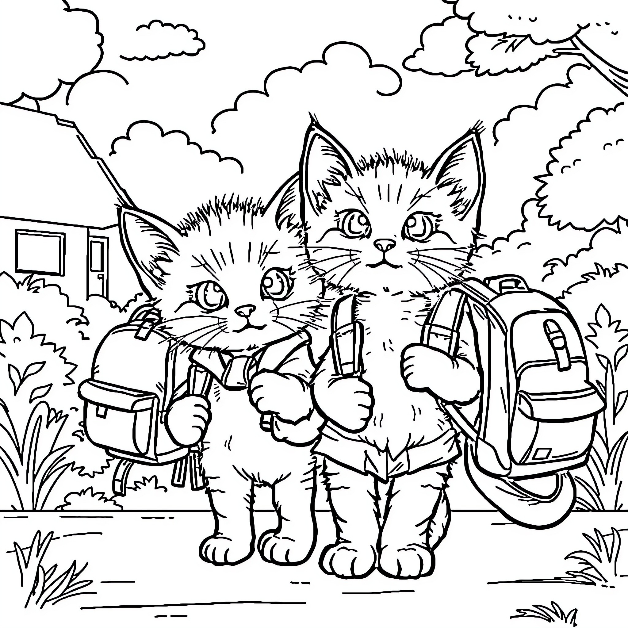 Kittens ready for school with backpacks Coloring Page (free black-and-white line drawing printable PDF for all, from beginners to advanced learners, including children, teens, adults, and seniors)