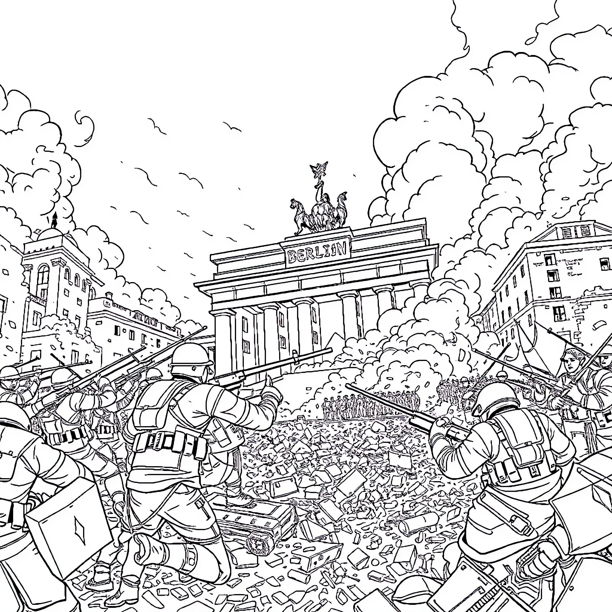 Battle of Berlin: Fierce combat amidst the ruins and smoke Coloring Page (free black-and-white line drawing printable PDF for all, from beginners to advanced learners, including children, teens, adults, and seniors)