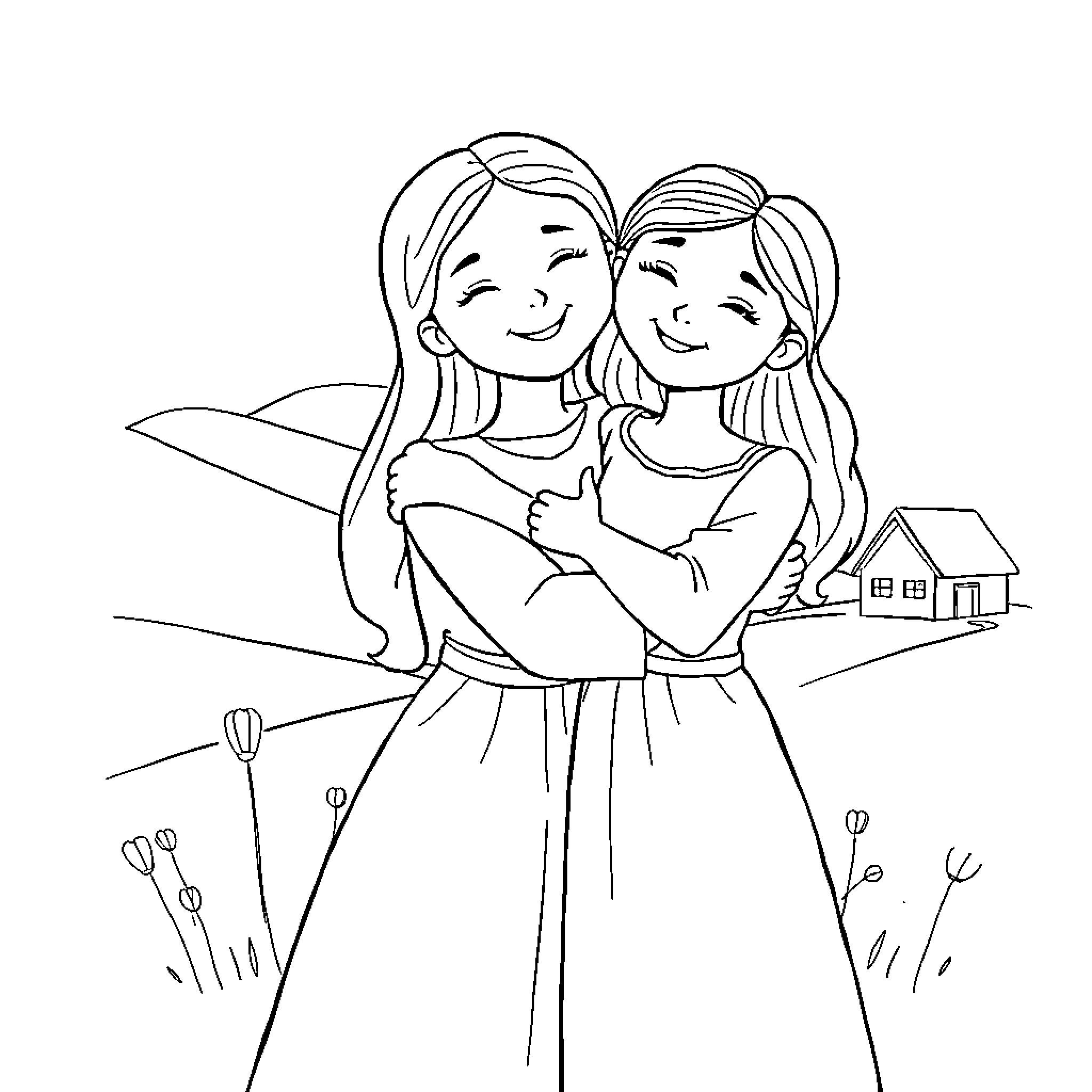 Mary embracing her friend in the countryside Coloring Page (free black-and-white line drawing printable PDF for all, from beginners to advanced learners, including children, teens, adults, and seniors)