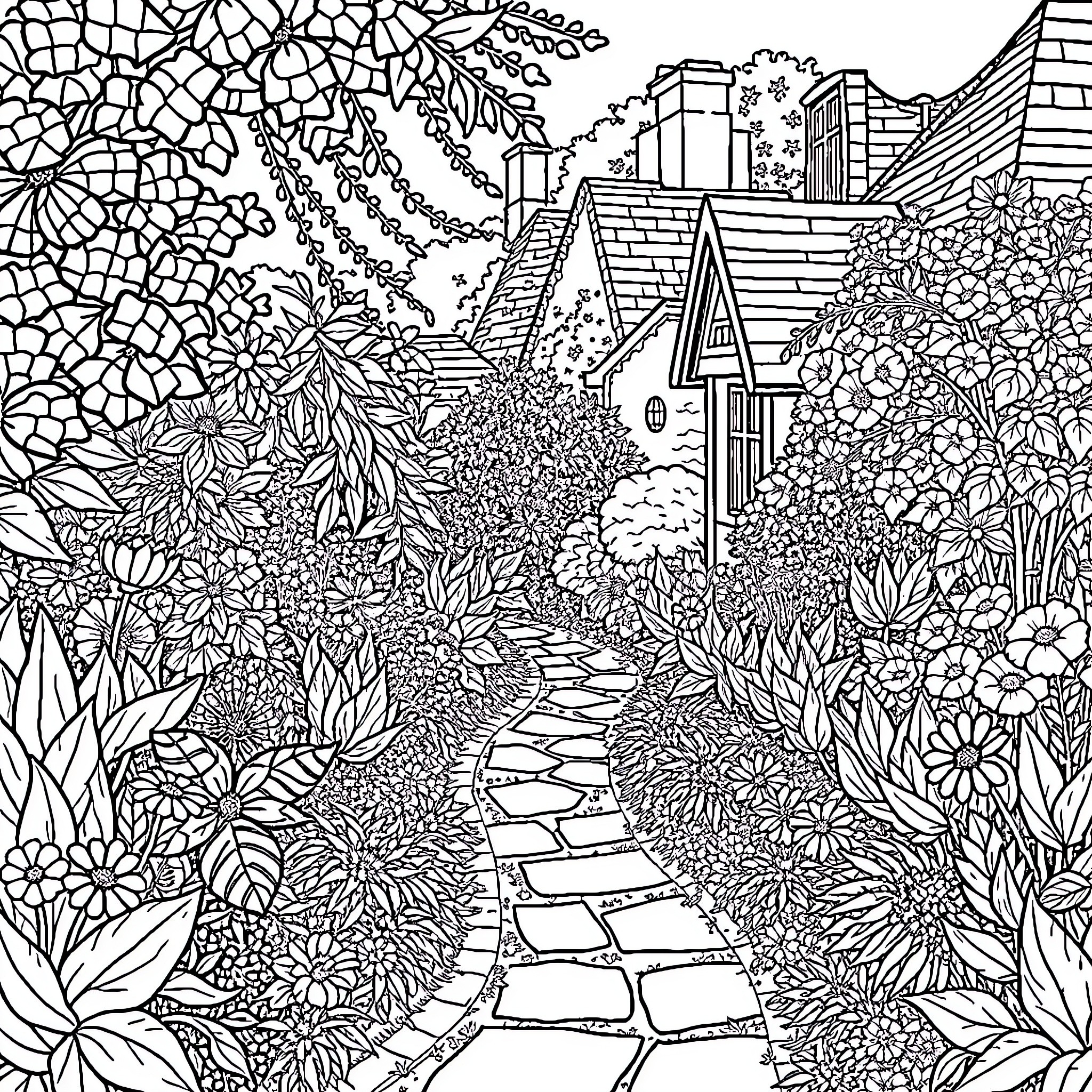Garden of Intricate Paths and Blooming Scenery Coloring Page (free black-and-white line drawing printable PDF for all, from beginners to advanced learners, including children, teens, adults, and seniors)