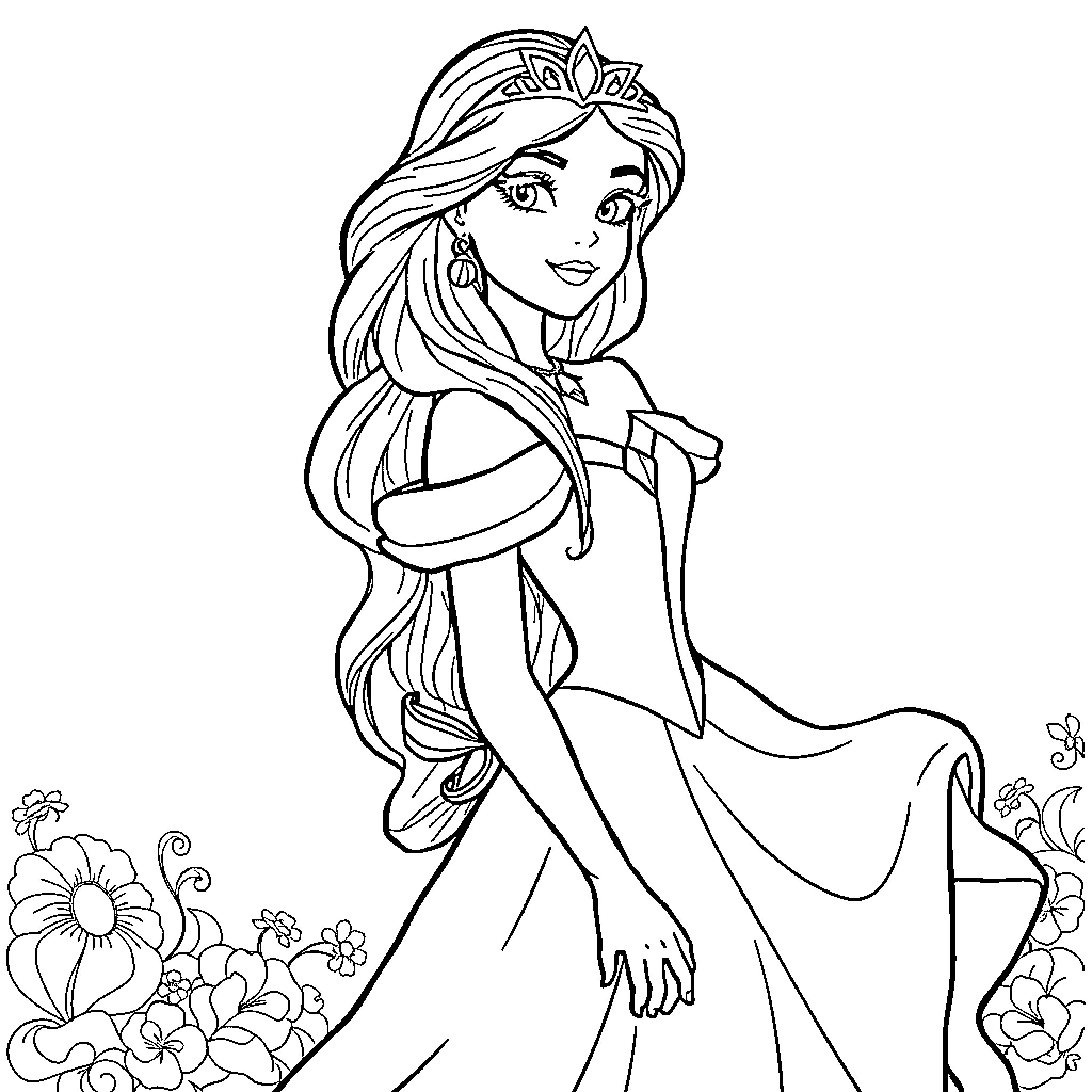 Princess in a Flowing Dress Amid Floral Scenery Coloring Page (free black-and-white line drawing printable PDF for all, from beginners to advanced learners, including children, teens, adults, and seniors)