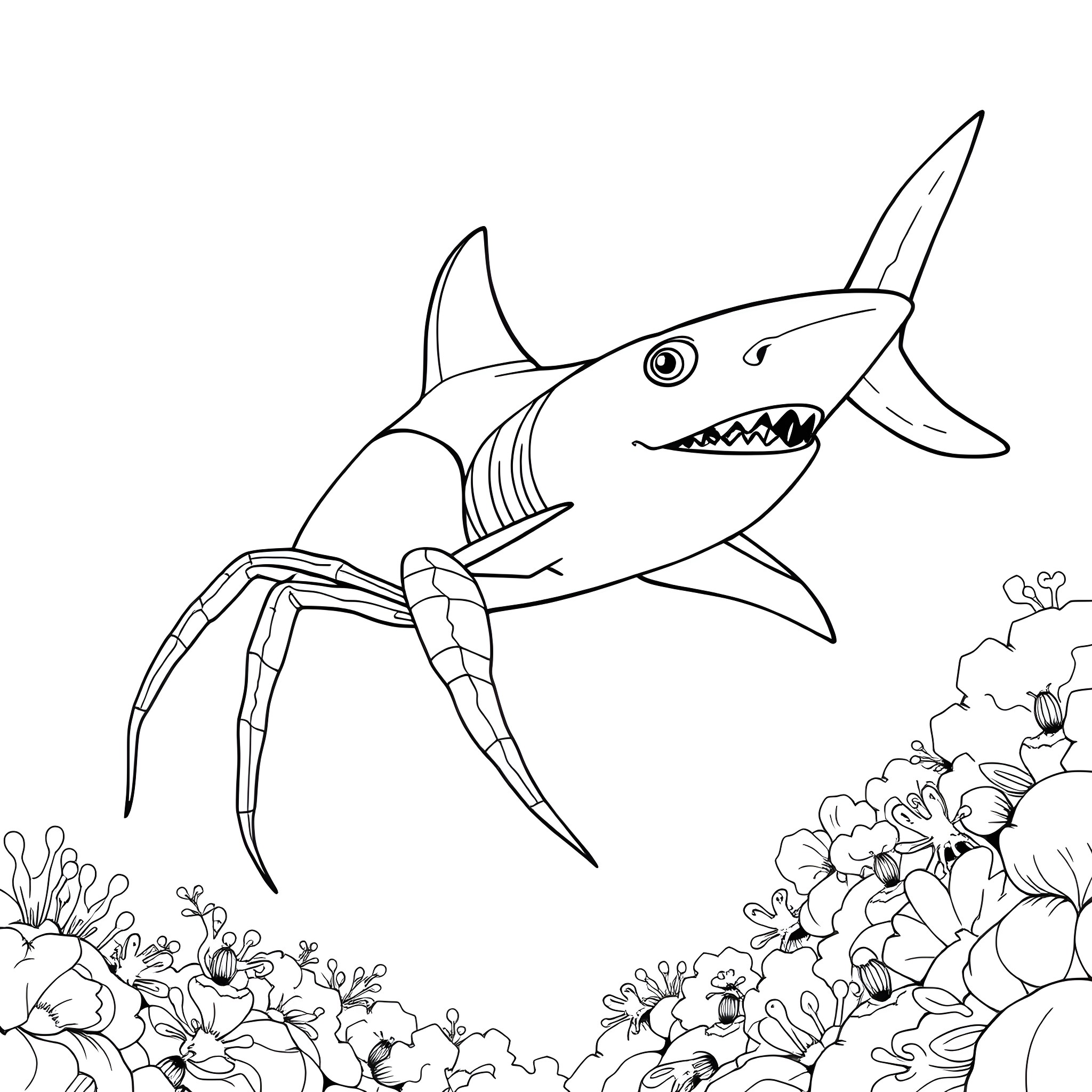 Shark exploring the underwater floral scene Coloring Page (free black-and-white line drawing printable PDF for all, from beginners to advanced learners, including children, teens, adults, and seniors)
