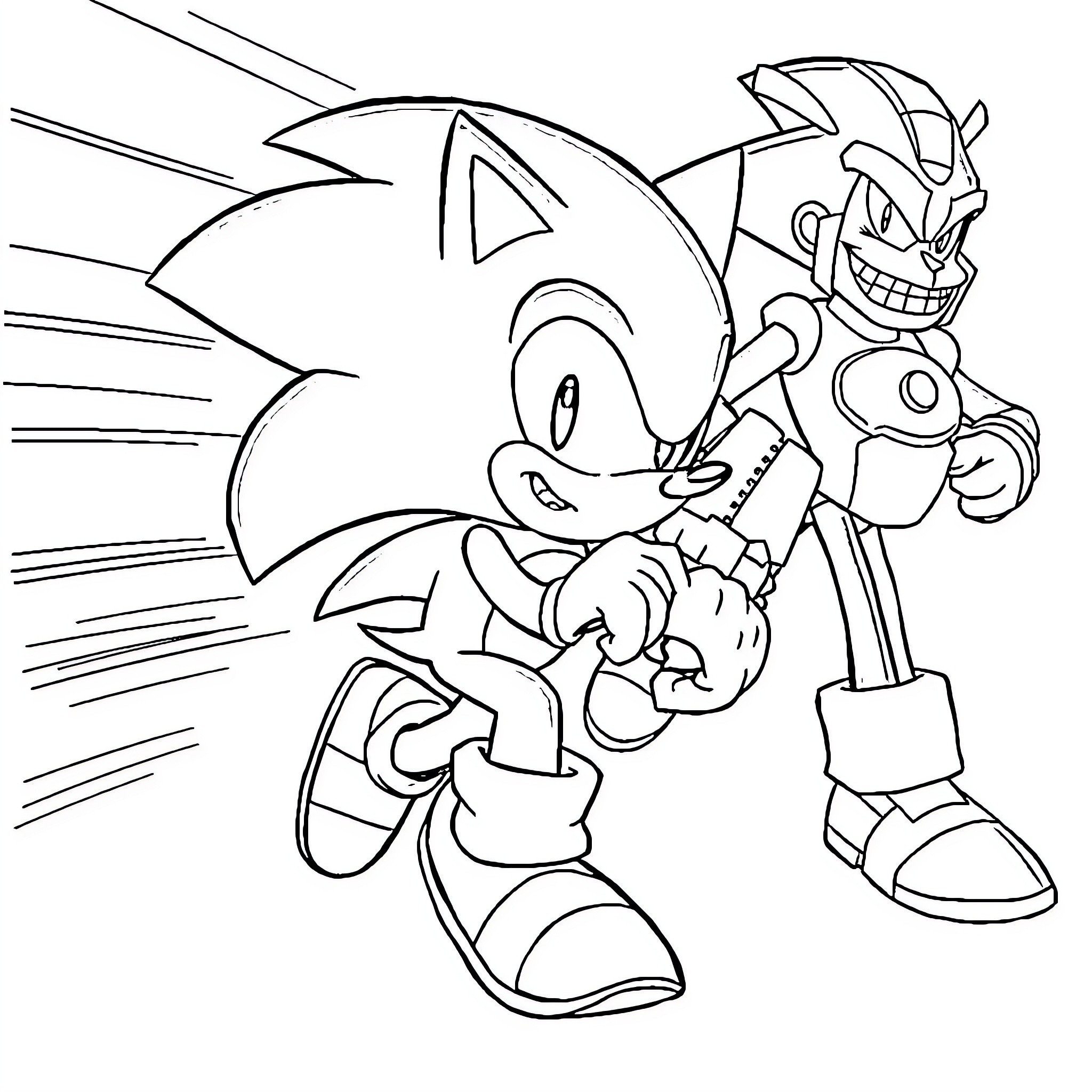 Sonic speeding and evading an adversary Coloring Page (free black-and-white line drawing printable PDF for all, from beginners to advanced learners, including children, teens, adults, and seniors)
