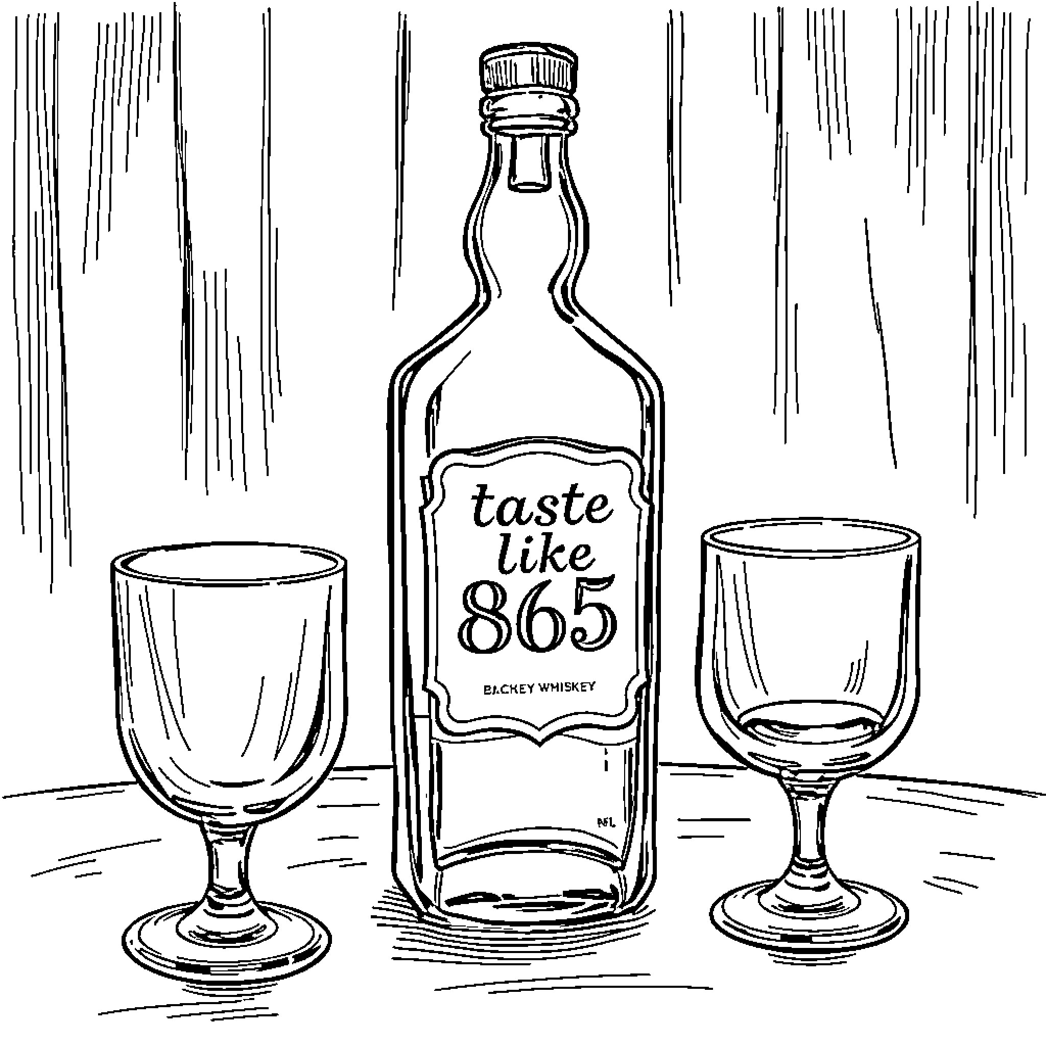 Whiskey Bottle and Glasses in Sketch Art Coloring Page (free black-and-white line drawing printable PDF for all, from beginners to advanced learners, including children, teens, adults, and seniors)