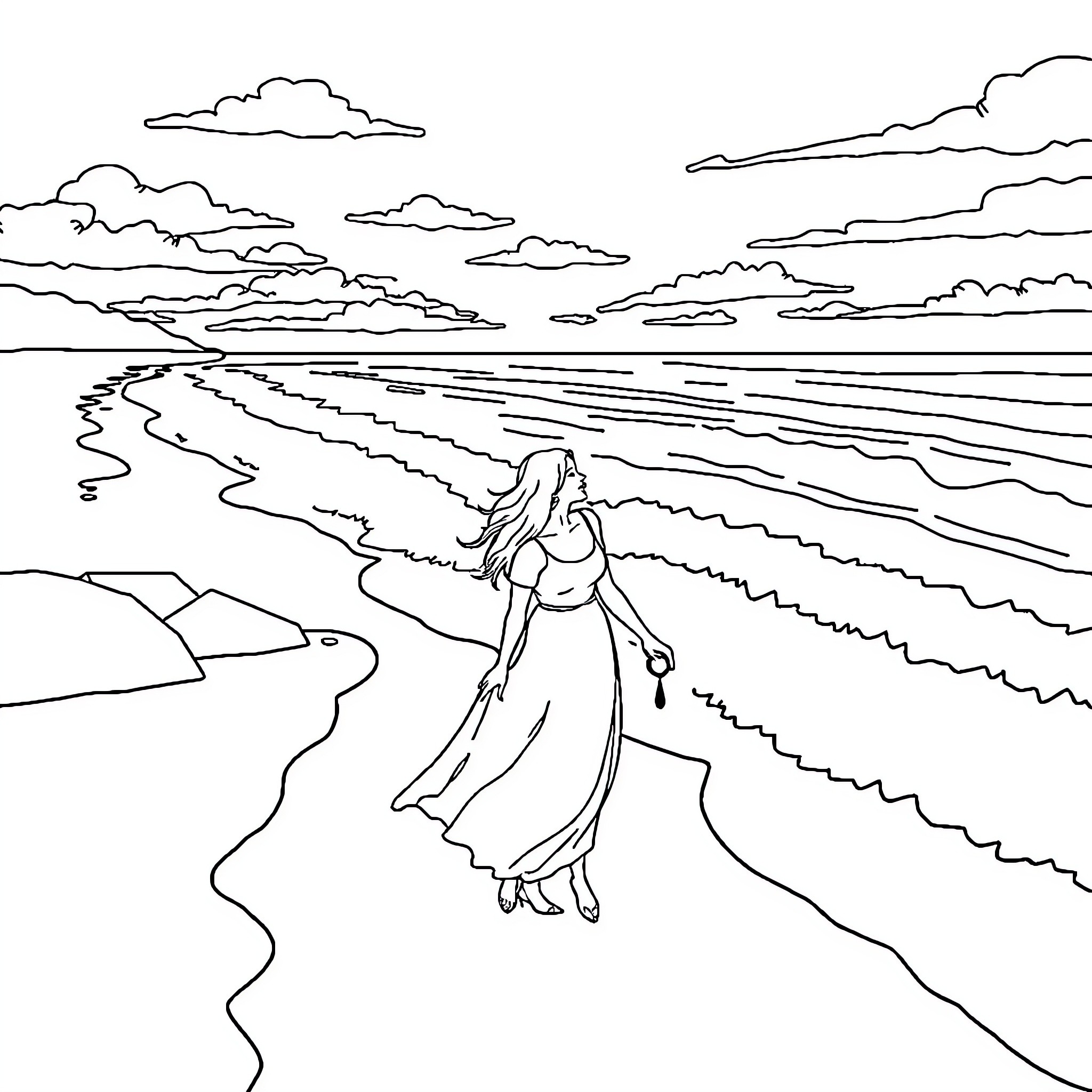 Couple walking along the beach at sunset Coloring Page (free black-and-white line drawing printable PDF for all, from beginners to advanced learners, including children, teens, adults, and seniors)