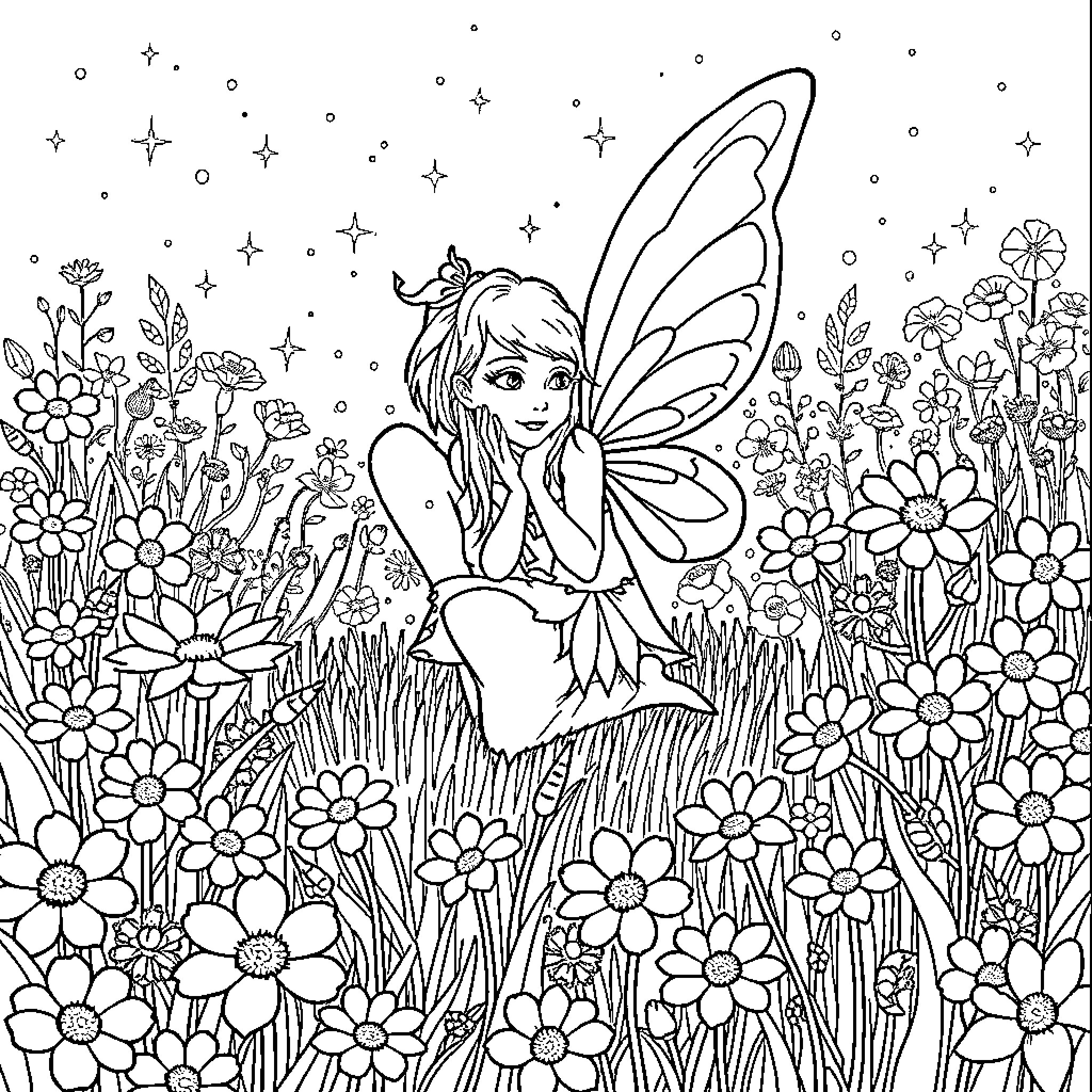 Fairy resting amid whimsical floral display Coloring Page (free black-and-white line drawing printable PDF for all, from beginners to advanced learners, including children, teens, adults, and seniors)