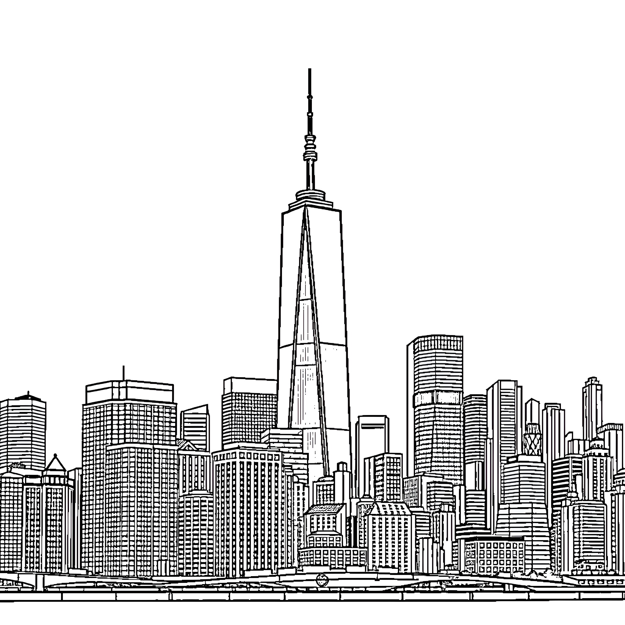 Skyline of a bustling city with towering skyscrapers Coloring Page (free black-and-white line drawing printable PDF for all, from beginners to advanced learners, including children, teens, adults, and seniors)