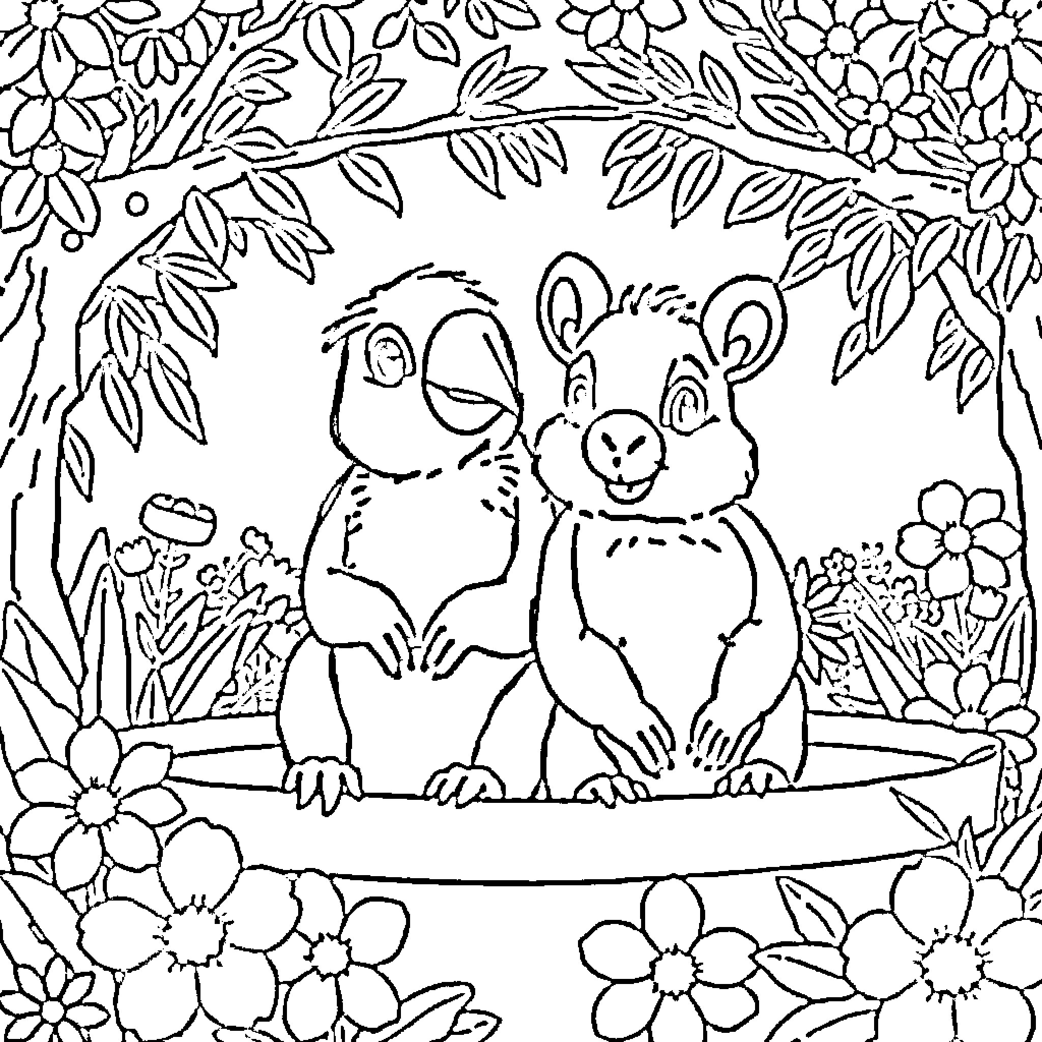 Coelho and Friend in Lush Floral Surroundings Coloring Page (free black-and-white line drawing printable PDF for all, from beginners to advanced learners, including children, teens, adults, and seniors)