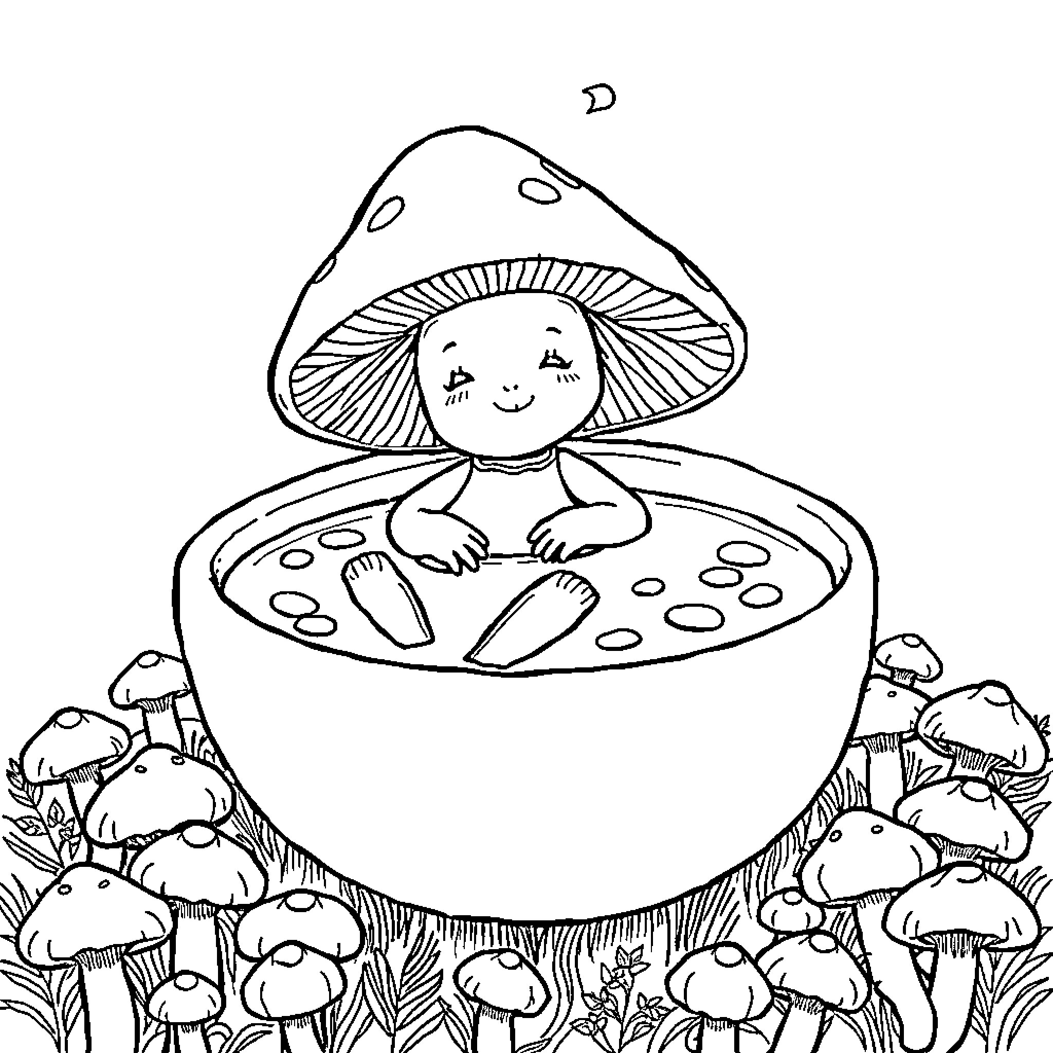 Mushroom character relaxing in a magical forest Coloring Page (free black-and-white line drawing printable PDF for all, from beginners to advanced learners, including children, teens, adults, and seniors)