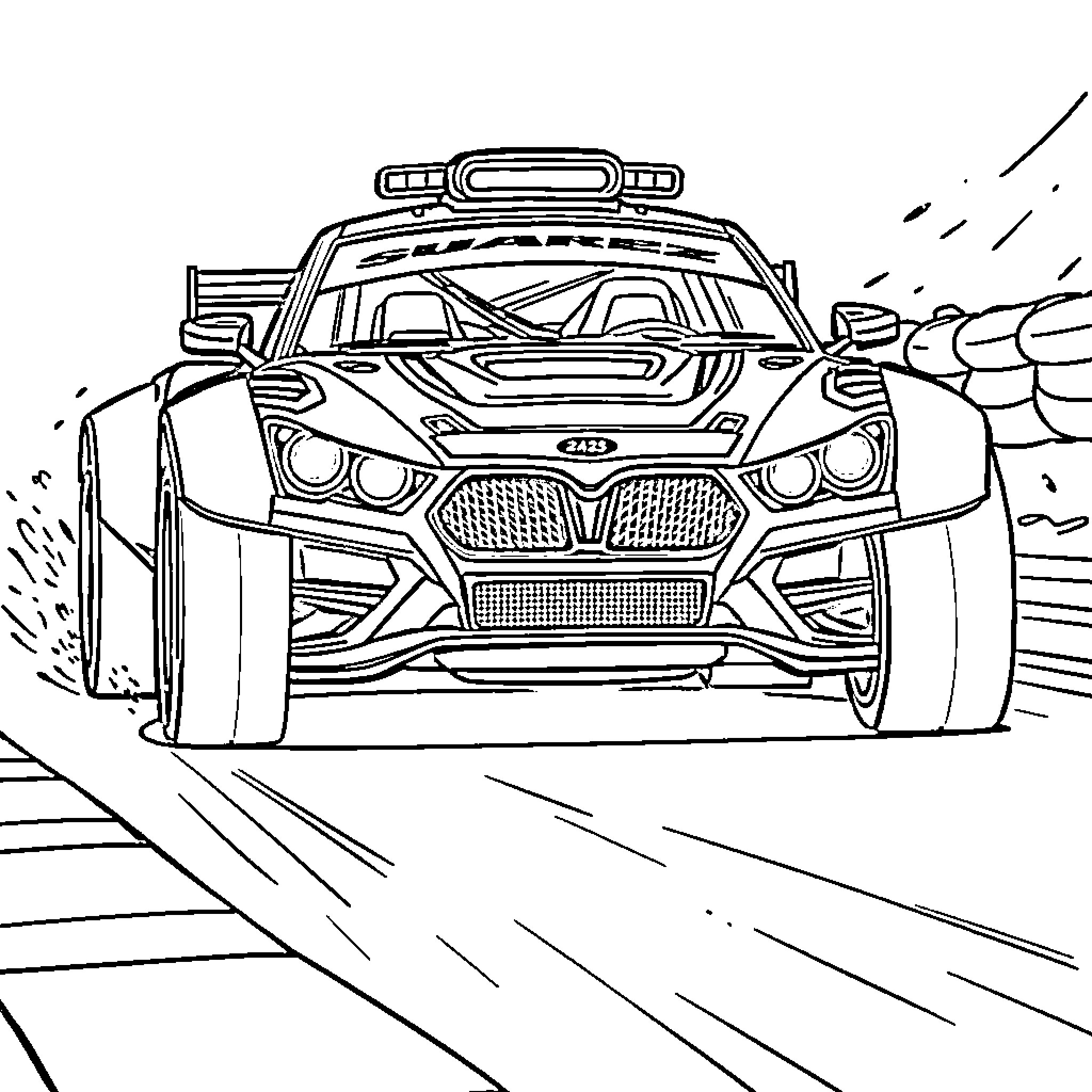 Rally Car Speeding Through Race Track Coloring Page (free black-and-white line drawing printable PDF for all, from beginners to advanced learners, including children, teens, adults, and seniors)