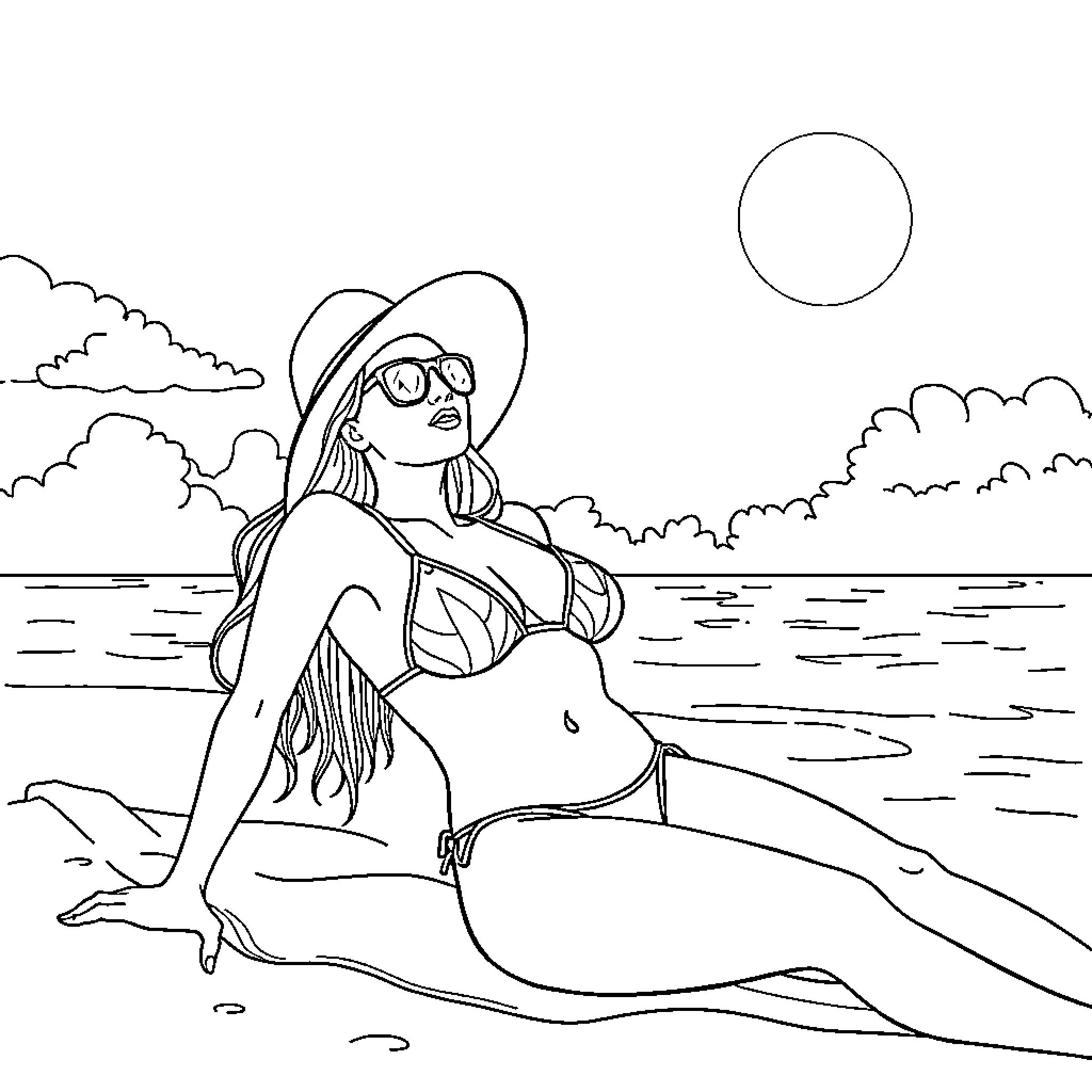 Woman enjoying sun and surf in summer attire Coloring Page (free black-and-white line drawing printable PDF for all, from beginners to advanced learners, including children, teens, adults, and seniors)