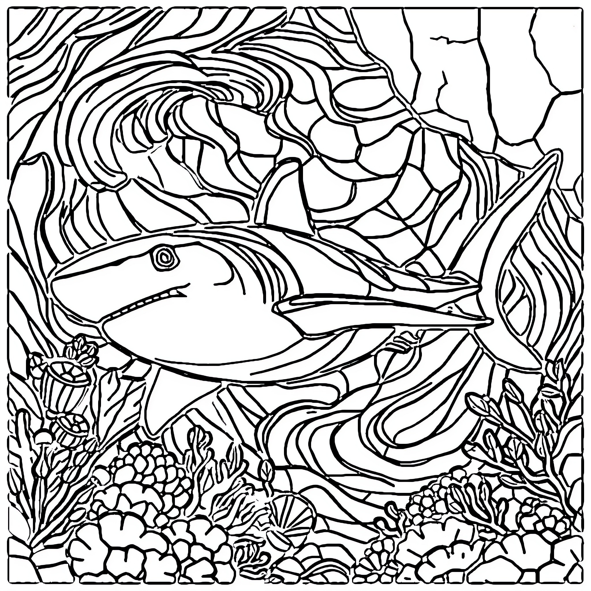 Shark swimming through vibrant ocean scenery Coloring Page (free black-and-white line drawing printable PDF for all, from beginners to advanced learners, including children, teens, adults, and seniors)