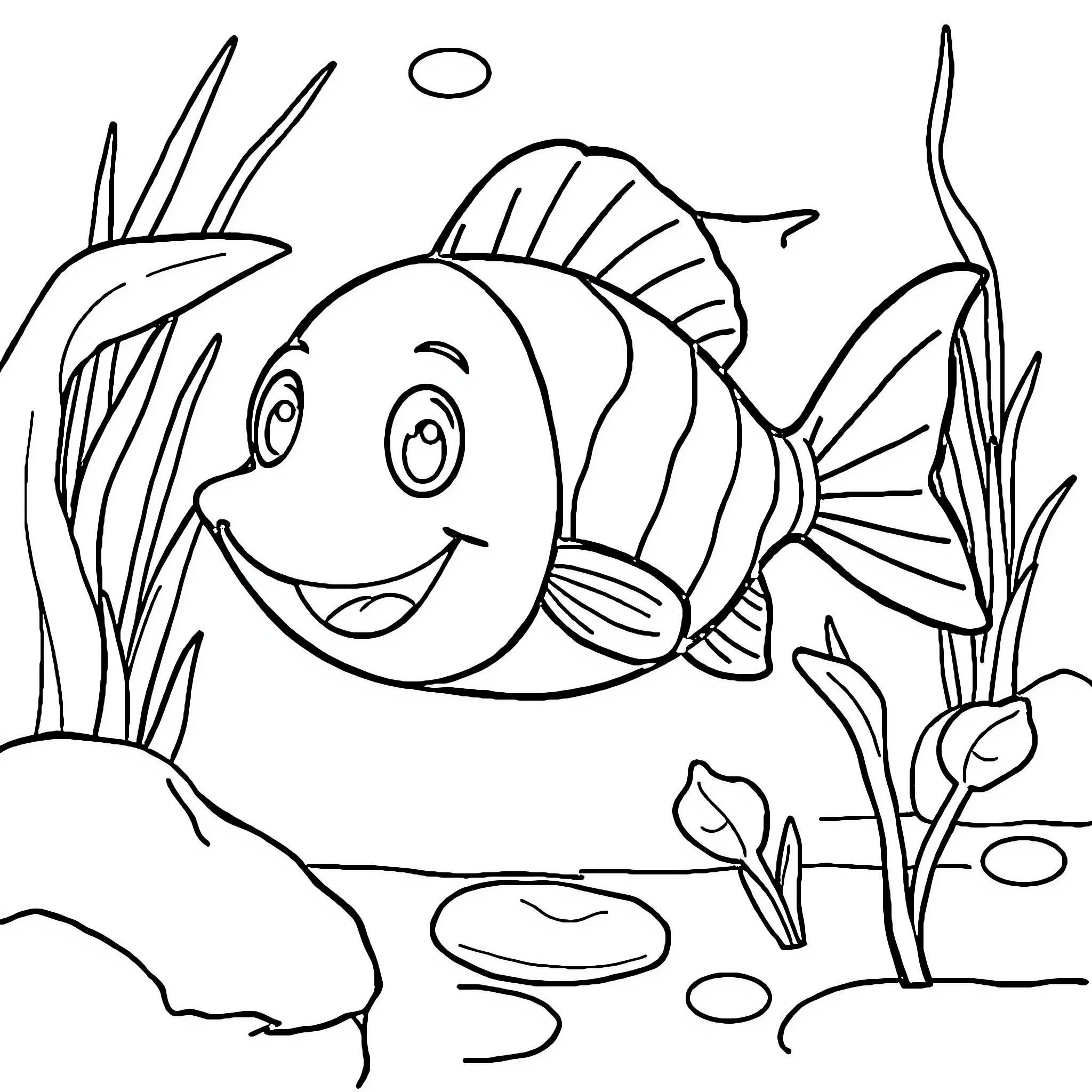 Piscou's Whimsical Underwater Adventure Coloring Page (free black-and-white line drawing printable PDF for all, from beginners to advanced learners, including children, teens, adults, and seniors)