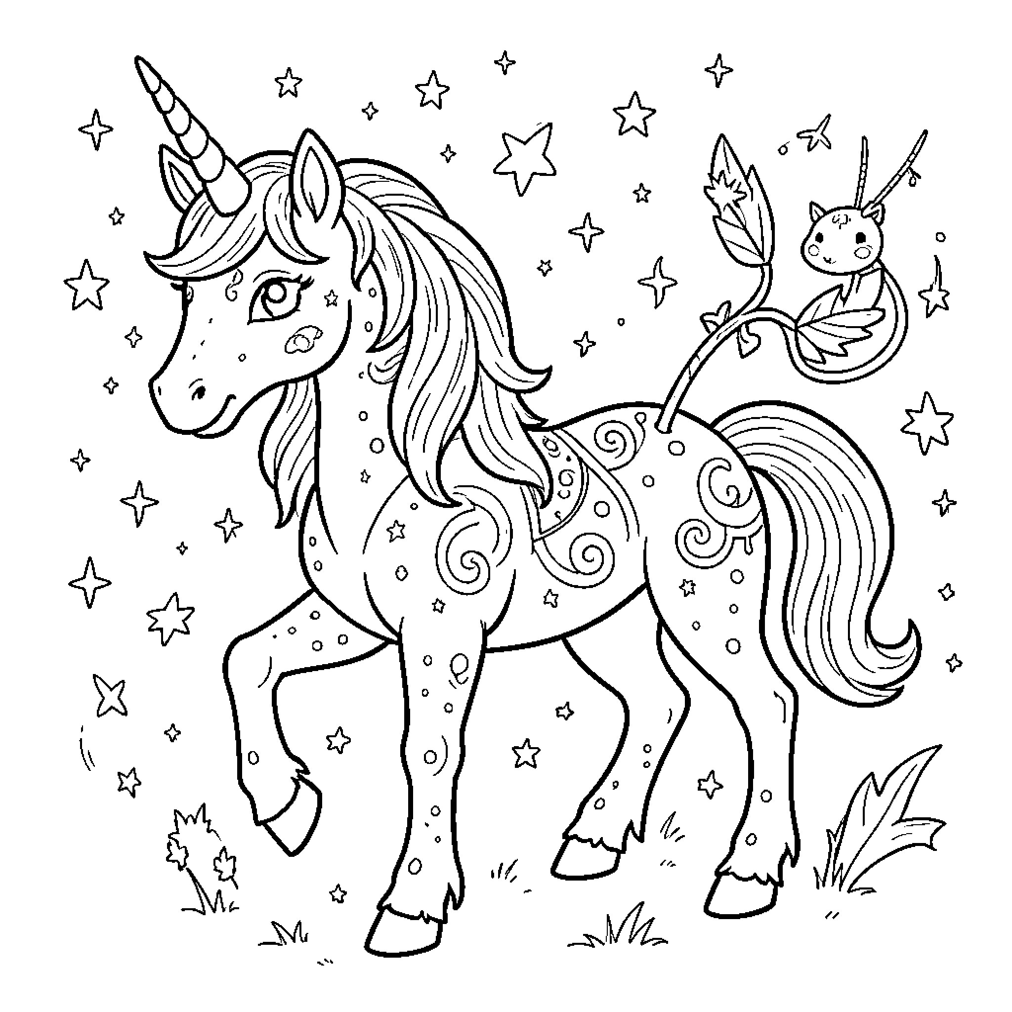 Unicorn walking joyfully amidst stars and small creatures Coloring Page (free black-and-white line drawing printable PDF for all, from beginners to advanced learners, including children, teens, adults, and seniors)