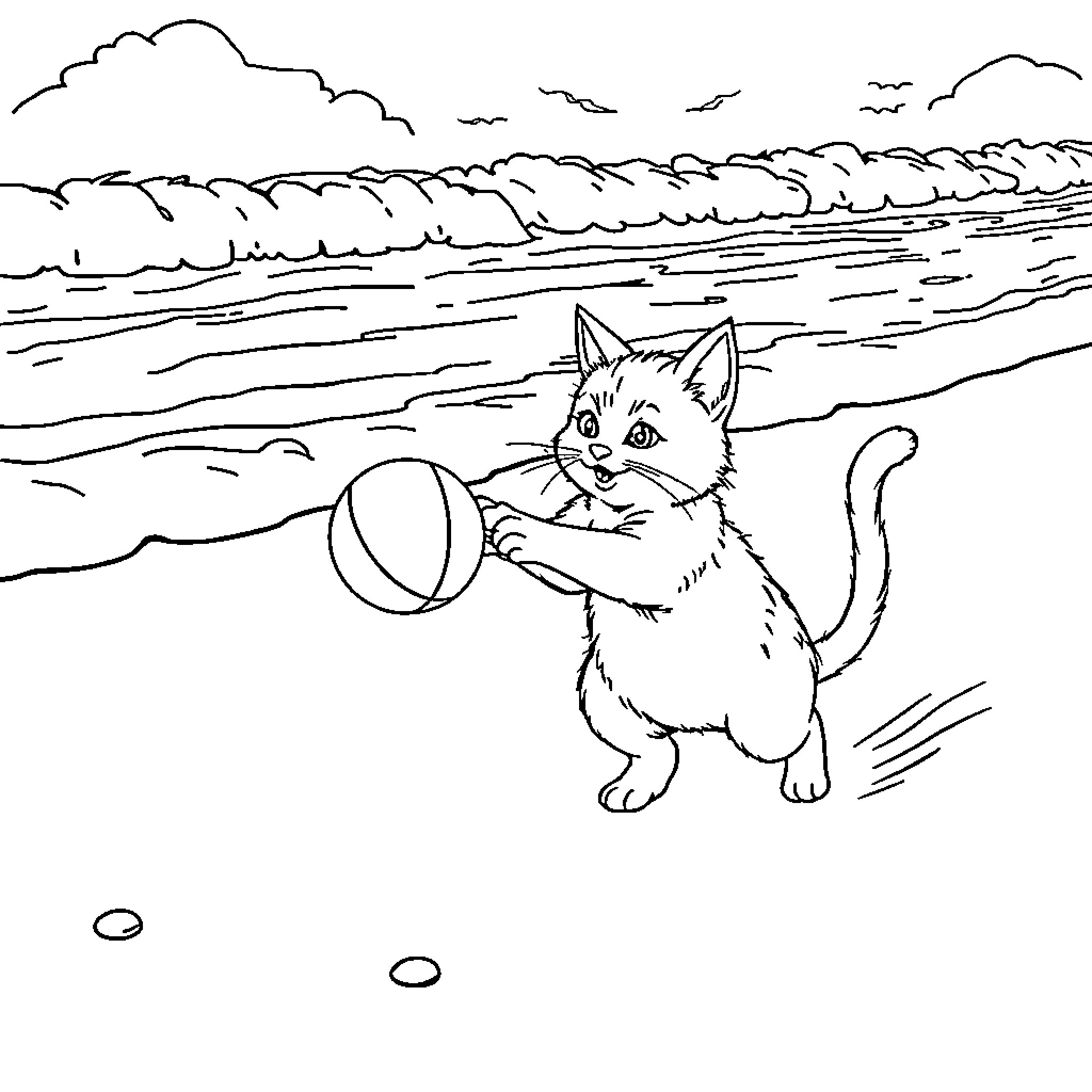 Cat playing with ball on beach Coloring Page (free black-and-white line drawing printable PDF for all, from beginners to advanced learners, including children, teens, adults, and seniors)