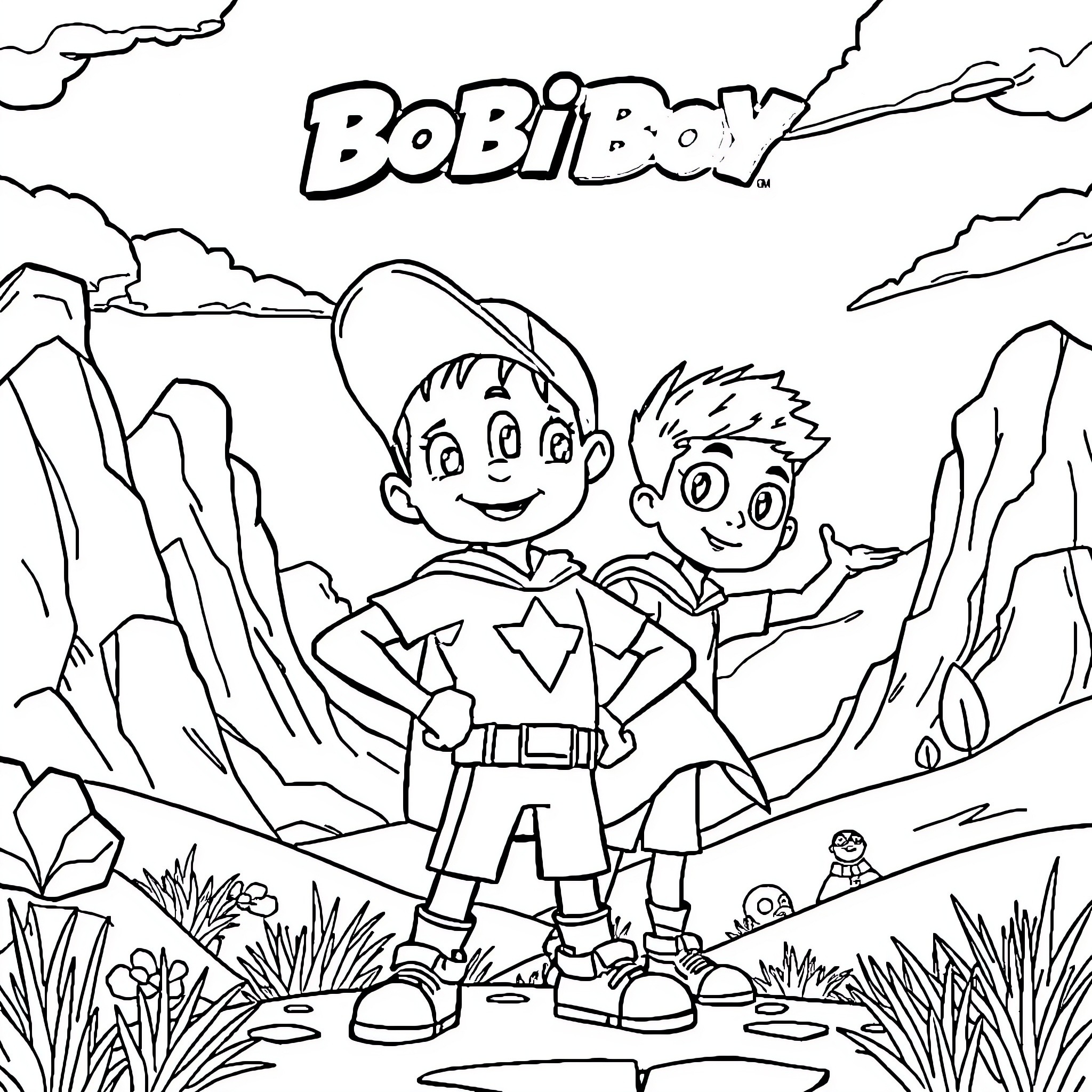 Boboiboy characters in adventurous outdoor scene Coloring Page (free black-and-white line drawing printable PDF for all, from beginners to advanced learners, including children, teens, adults, and seniors)