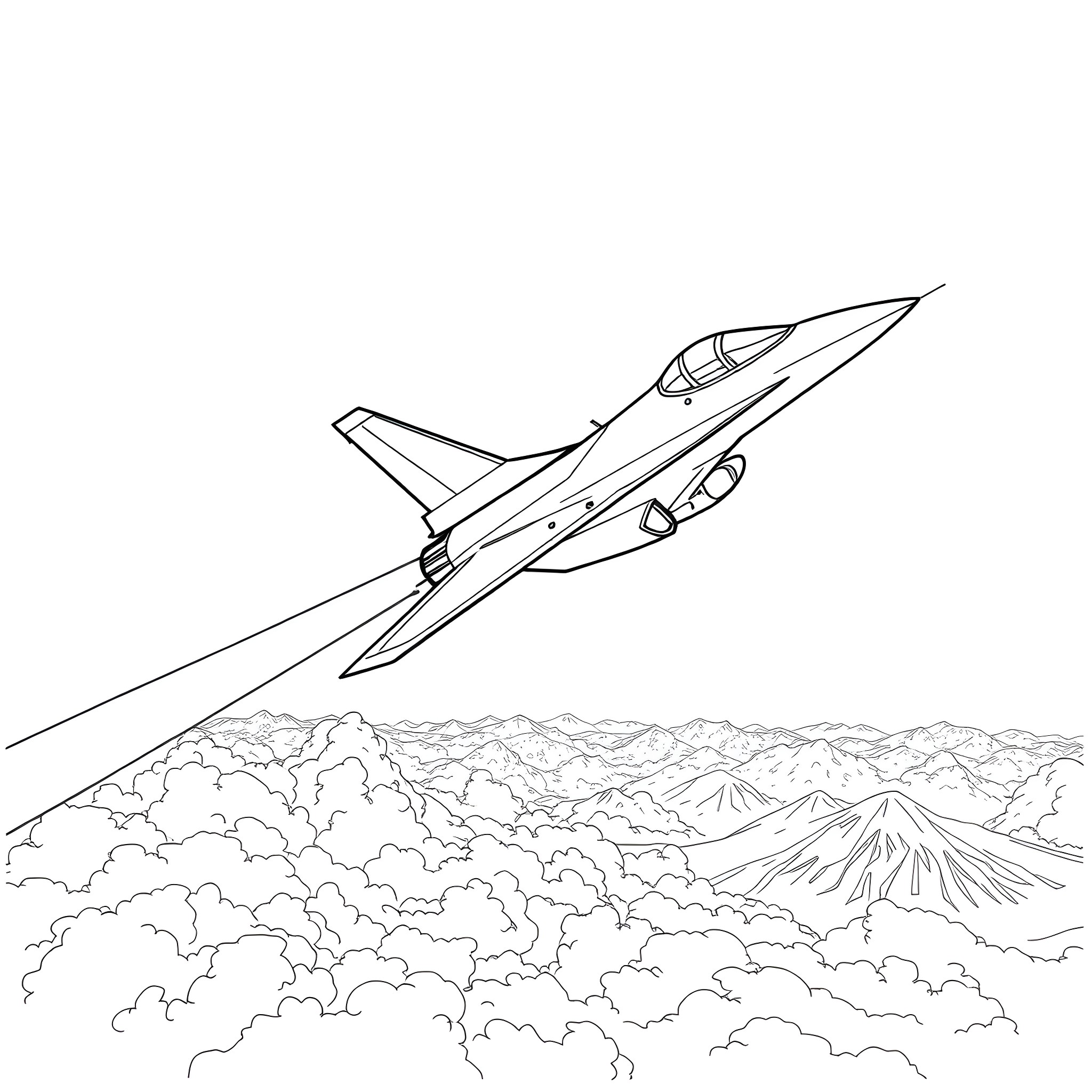 Fighter Jet soaring over a mountainous landscape Coloring Page (free black-and-white line drawing printable PDF for all, from beginners to advanced learners, including children, teens, adults, and seniors)
