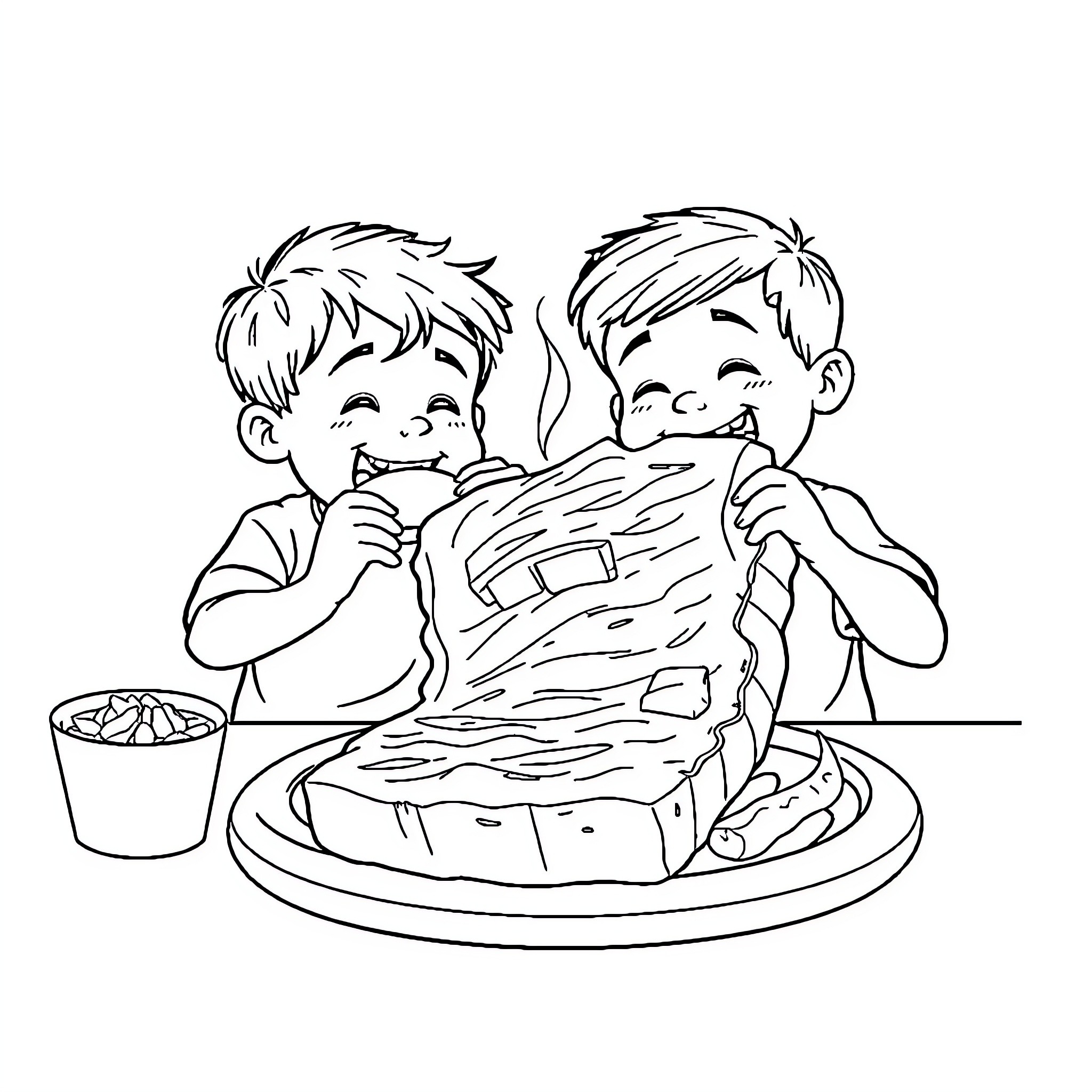 Child Enjoying a Delicious Meal Coloring Page (free black-and-white line drawing printable PDF for all, from beginners to advanced learners, including children, teens, adults, and seniors)