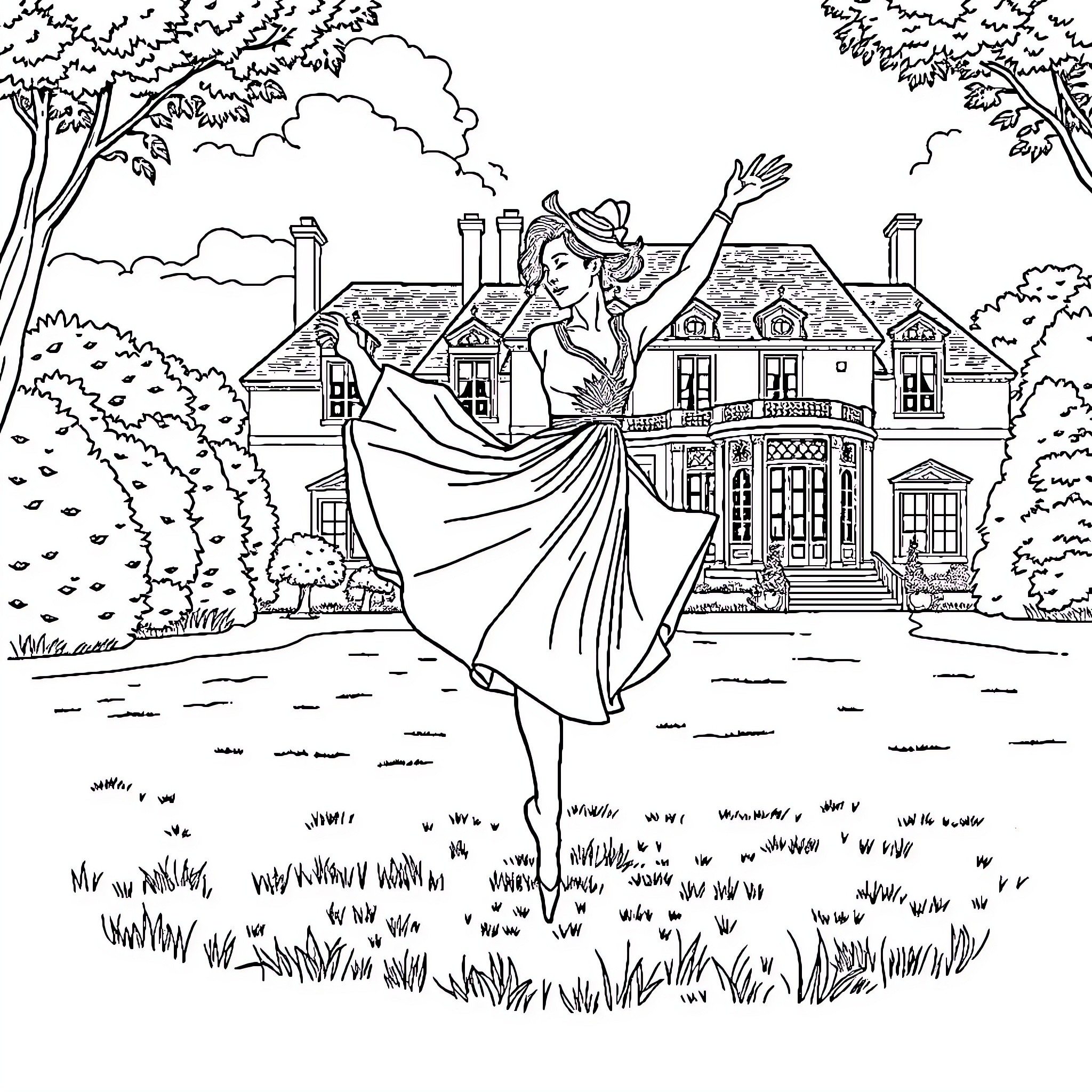 Dancer performing gracefully in front of a grand house Coloring Page (free black-and-white line drawing printable PDF for all, from beginners to advanced learners, including children, teens, adults, and seniors)