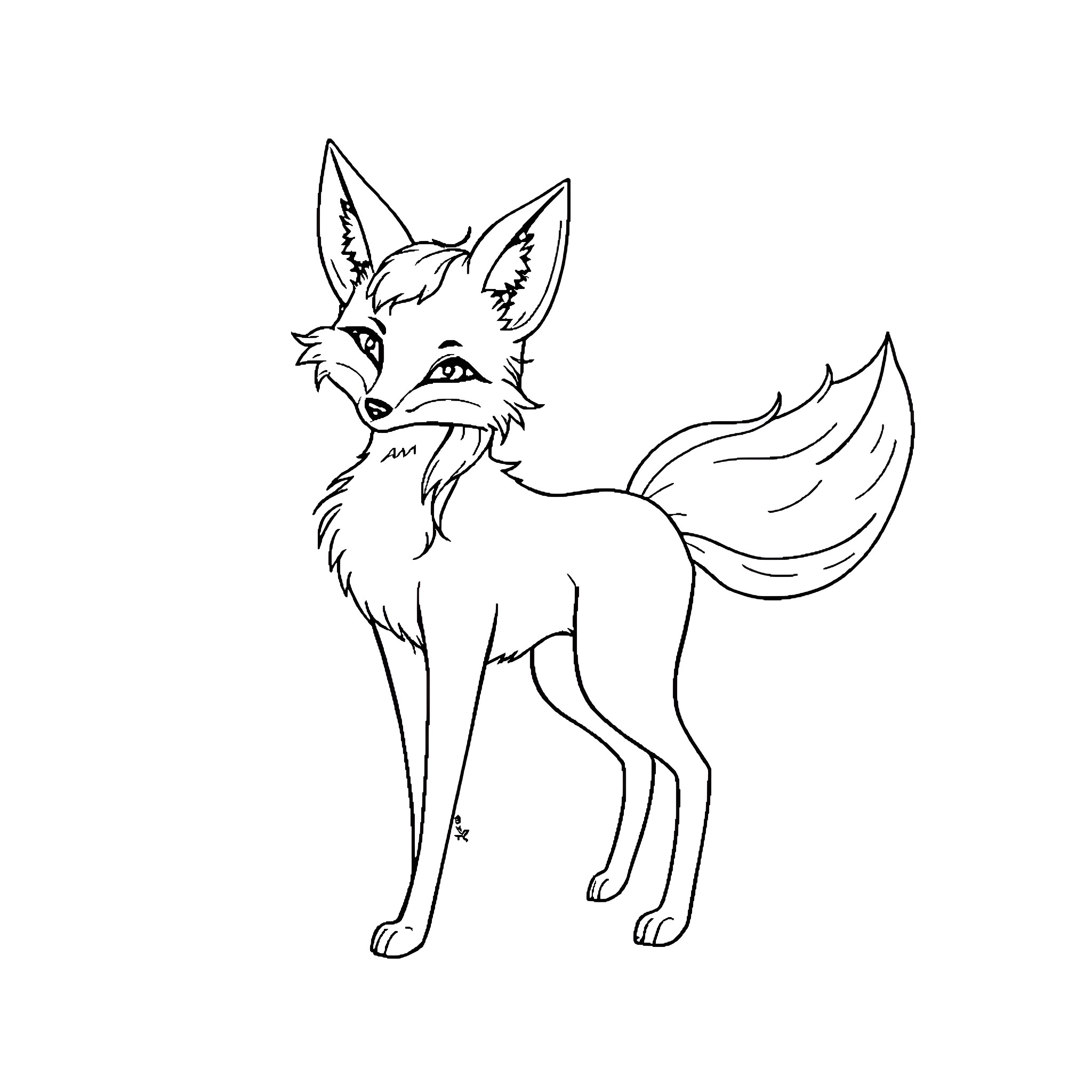 Fox standing alert with attentive expression Coloring Page (free black-and-white line drawing printable PDF for all, from beginners to advanced learners, including children, teens, adults, and seniors)
