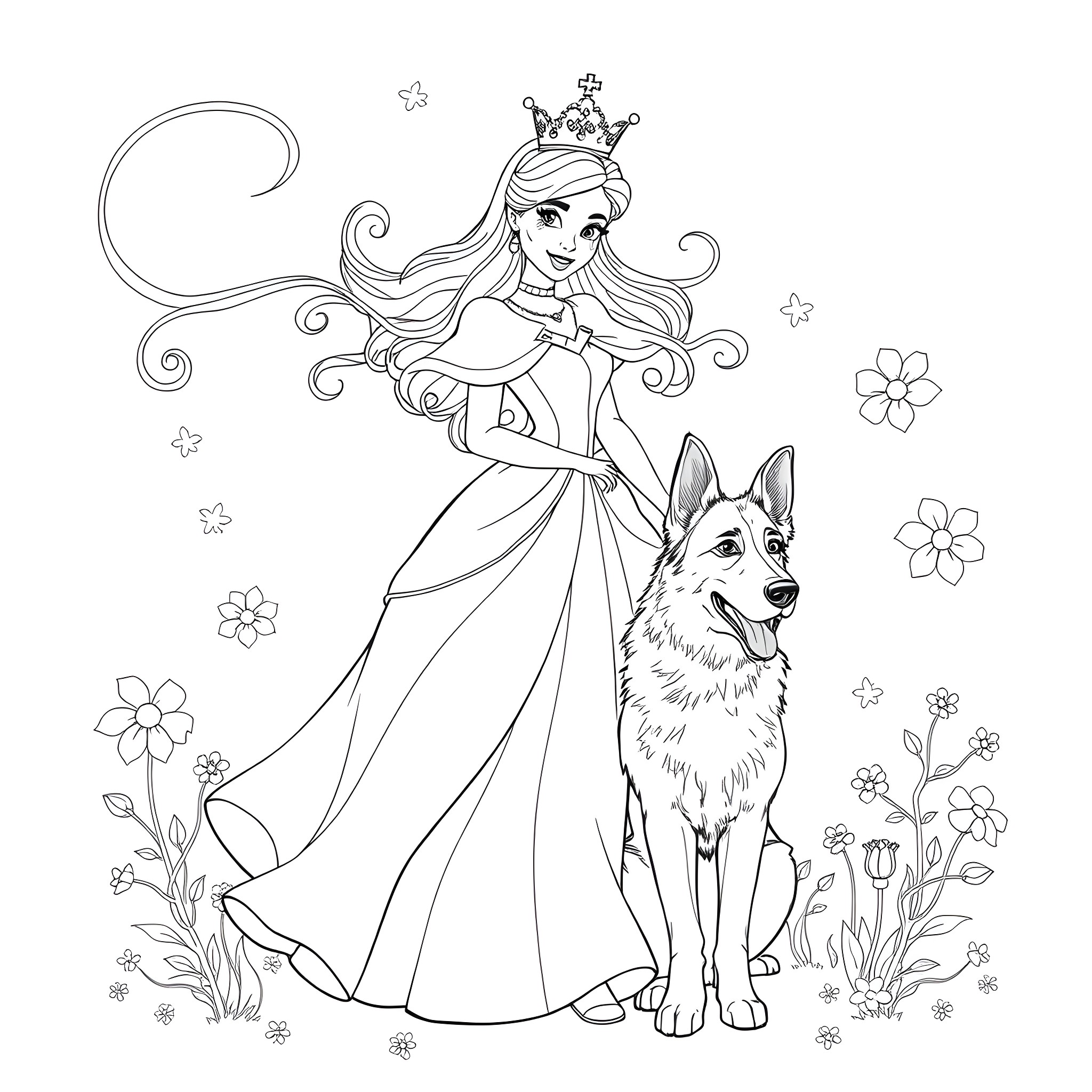 Glinda the Princess and her Loyal Canine Companion Coloring Page (free black-and-white line drawing printable PDF for all, from beginners to advanced learners, including children, teens, adults, and seniors)