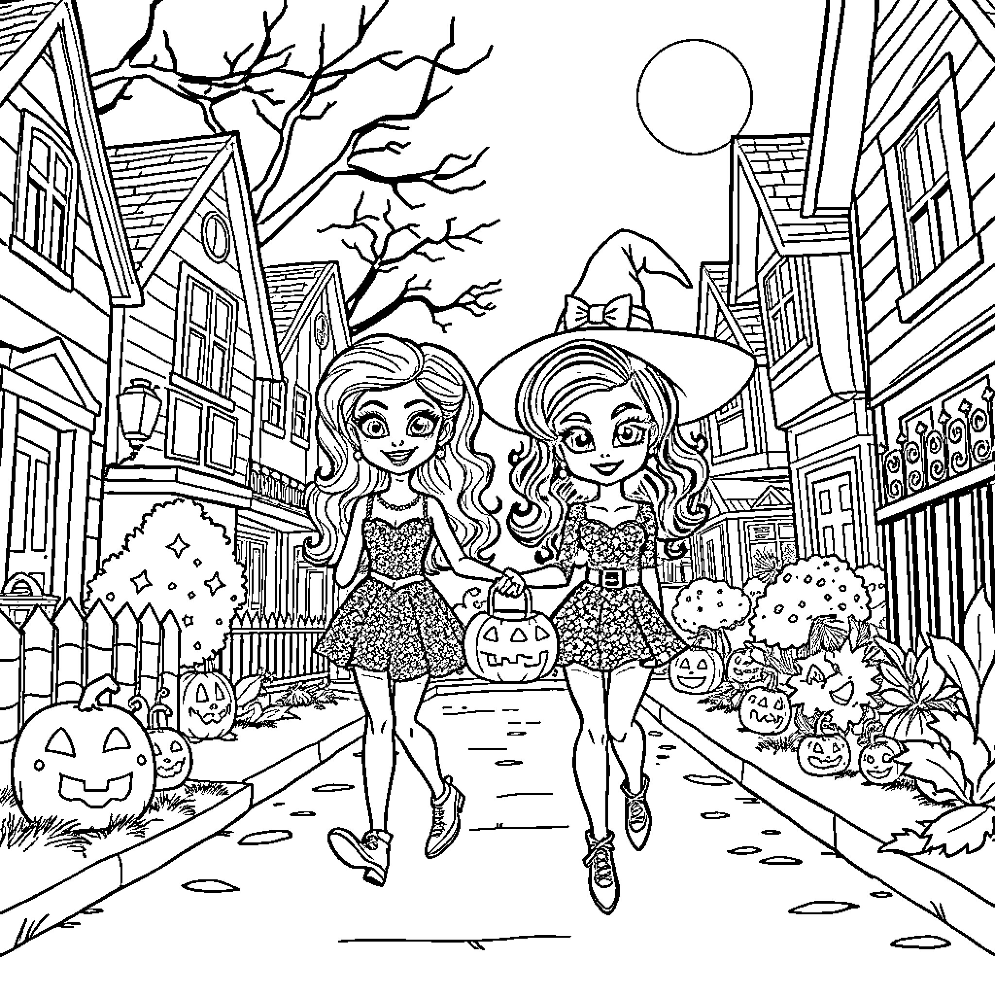 Glenda and Friends Explore the Festive Halloween Town Coloring Page (free black-and-white line drawing printable PDF for all, from beginners to advanced learners, including children, teens, adults, and seniors)