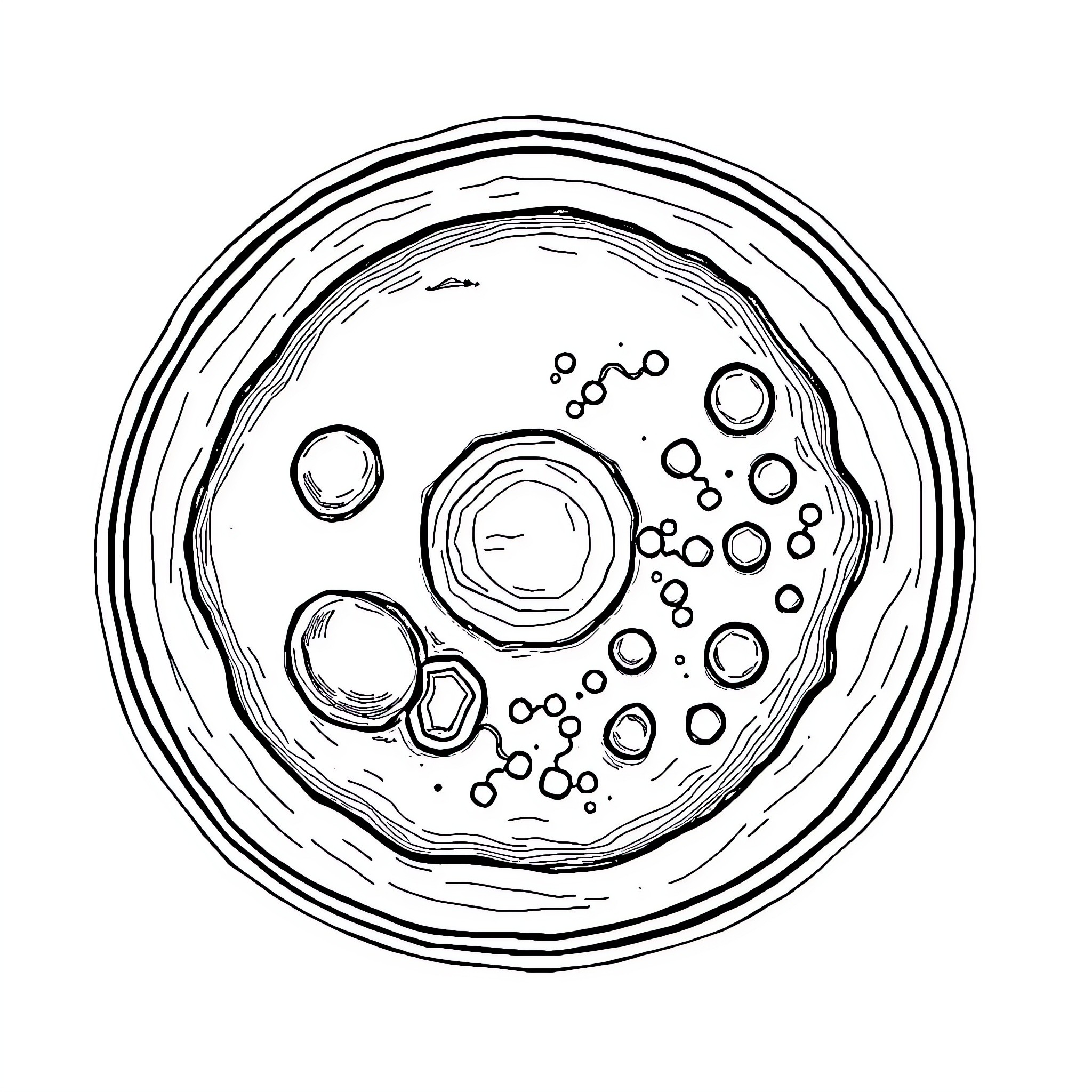 Animal Cell Displaying Intricate Cellular Structure Coloring Page (free black-and-white line drawing printable PDF for all, from beginners to advanced learners, including children, teens, adults, and seniors)