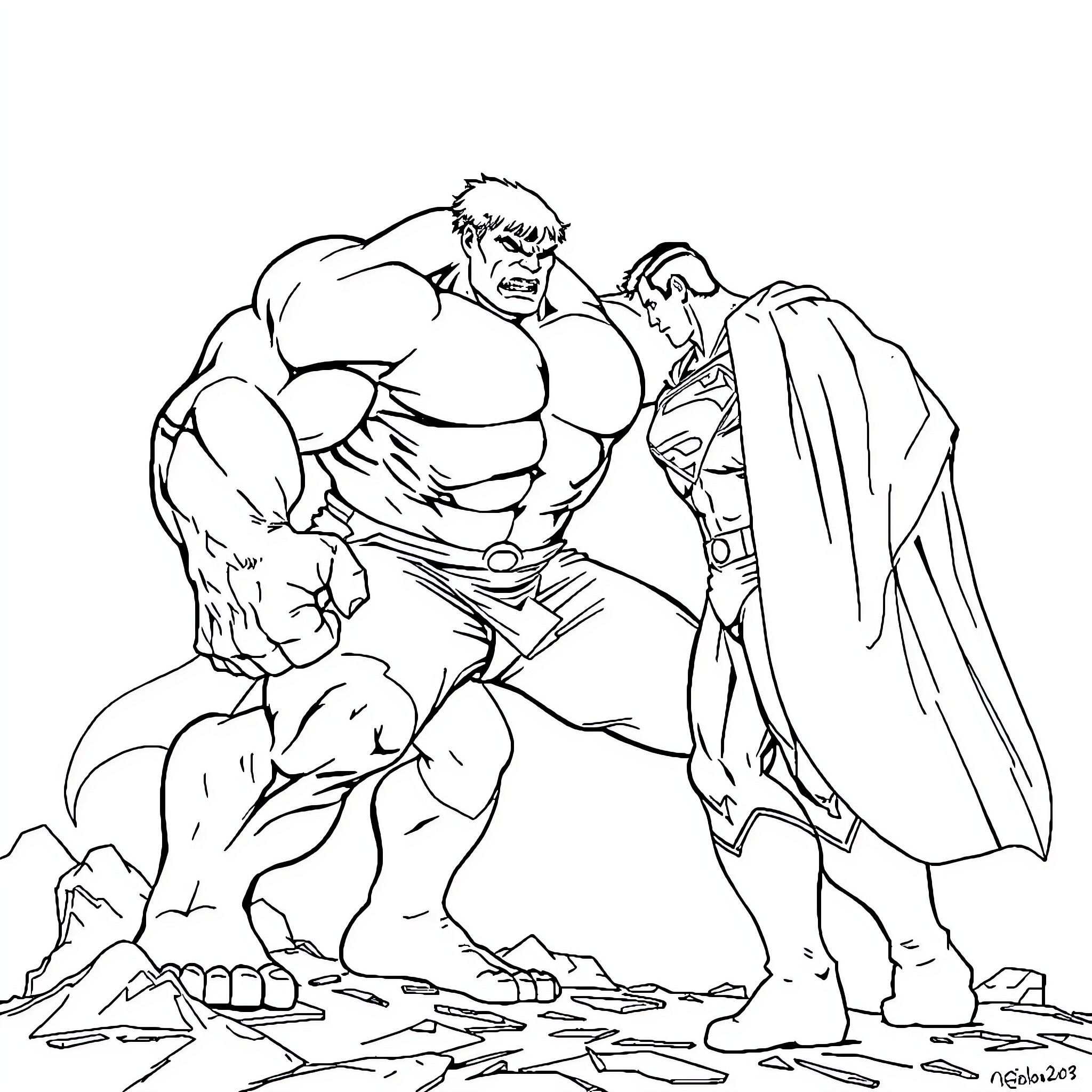 Hulk Battling Powerful Foe in Ruined Landscape Coloring Page (free black-and-white line drawing printable PDF for all, from beginners to advanced learners, including children, teens, adults, and seniors)