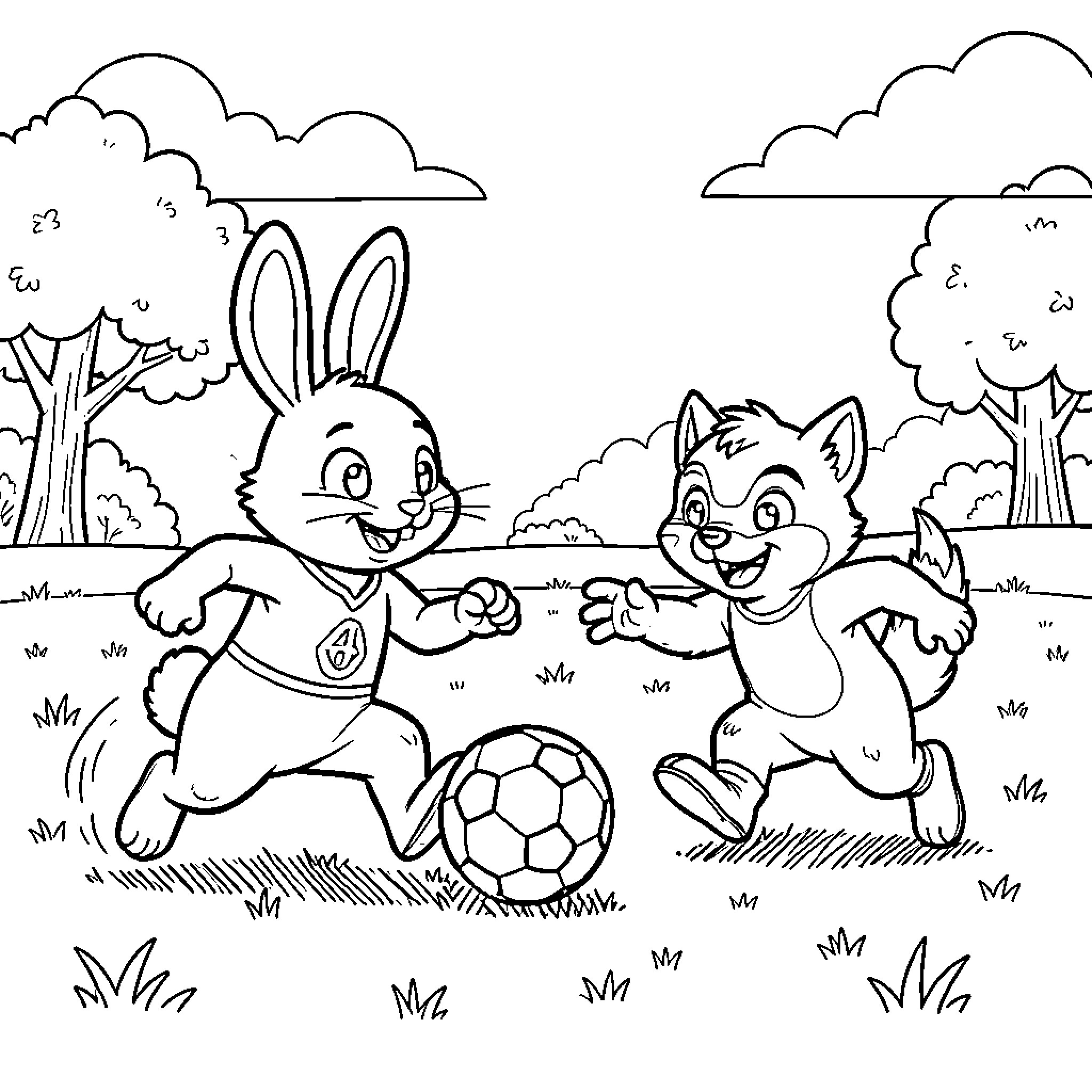 Lapin and kitten playing soccer together in a field Coloring Page (free black-and-white line drawing printable PDF for all, from beginners to advanced learners, including children, teens, adults, and seniors)