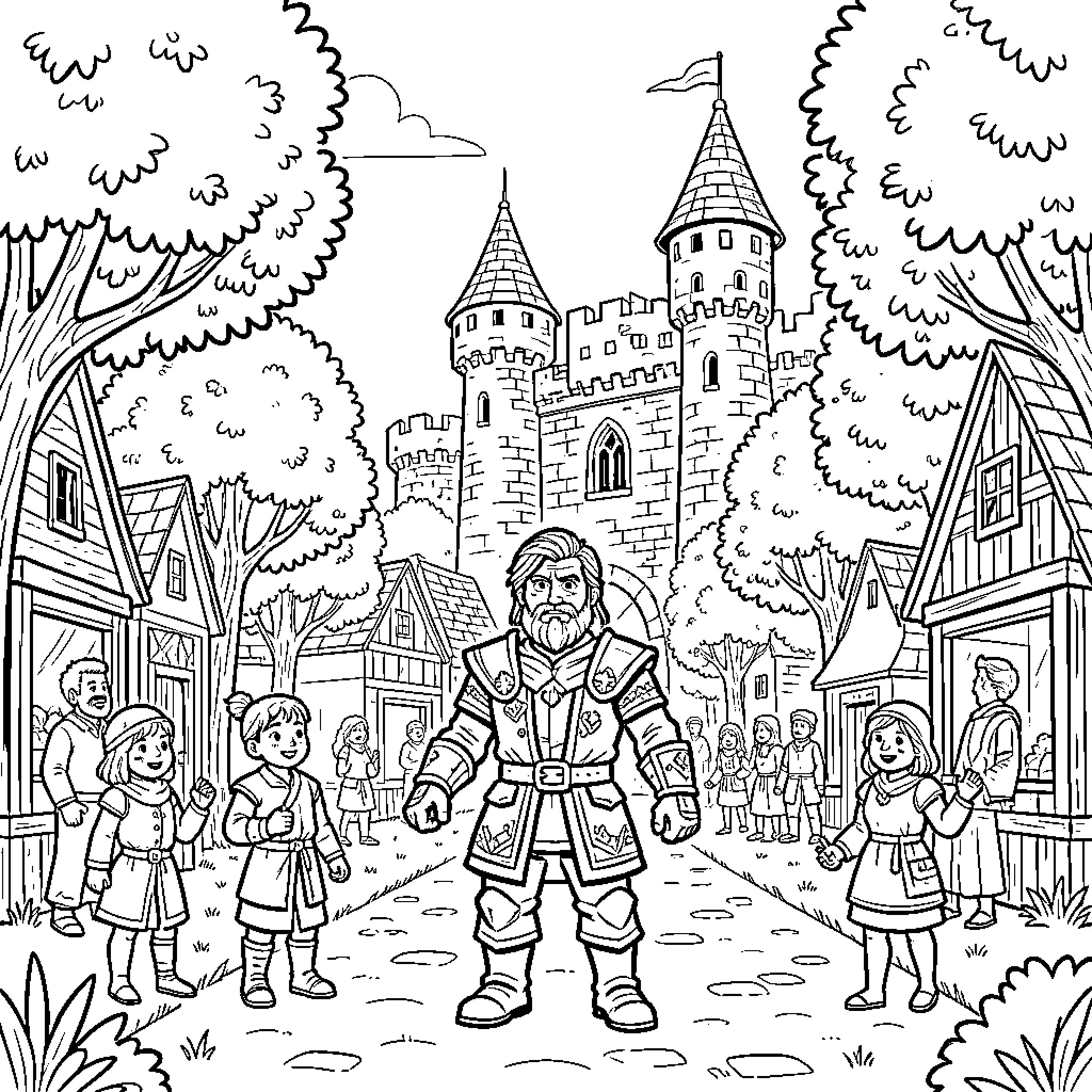 Runescape Character Exploring Medieval Town and Castle Coloring Page (free black-and-white line drawing printable PDF for all, from beginners to advanced learners, including children, teens, adults, and seniors)