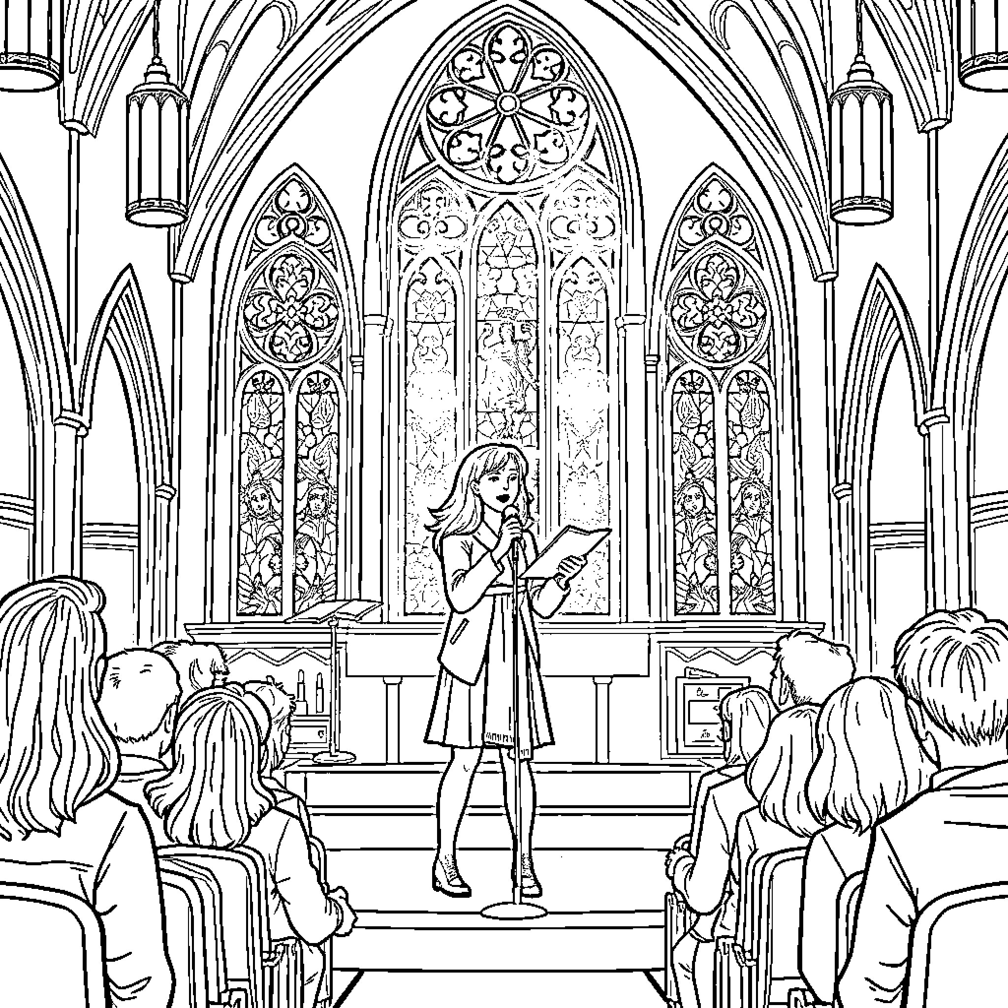 Hermione Granger reading in a magical castle Coloring Page (free black-and-white line drawing printable PDF for all, from beginners to advanced learners, including children, teens, adults, and seniors)