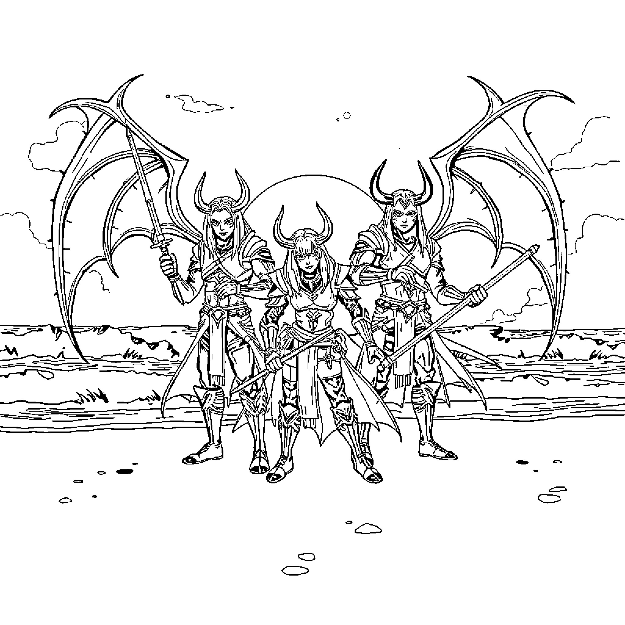 Demon Hunters Standing Fierce in Battle Coloring Page (free black-and-white line drawing printable PDF for all, from beginners to advanced learners, including children, teens, adults, and seniors)