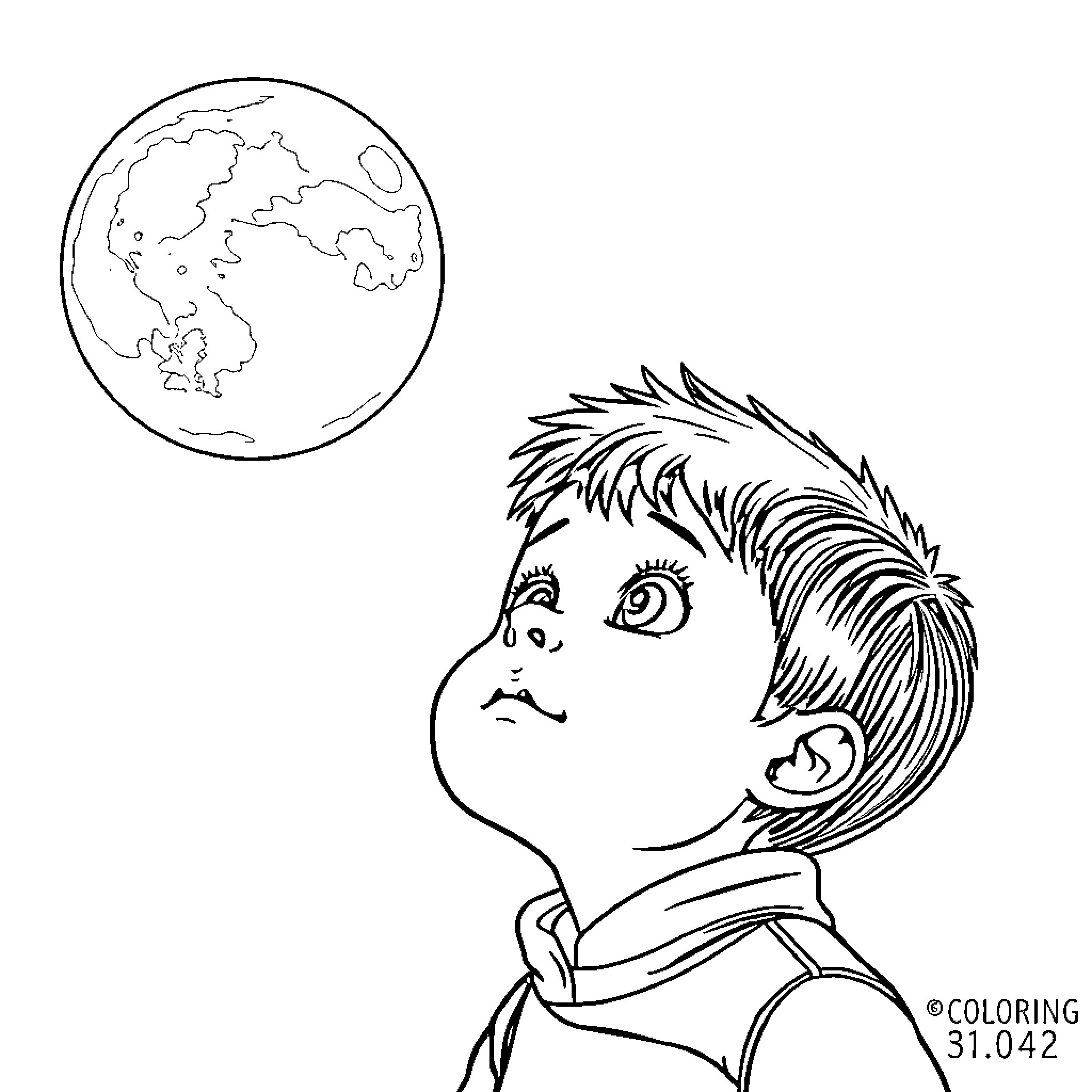 Boy gazing at the Earth in wonder Coloring Page (free black-and-white line drawing printable PDF for all, from beginners to advanced learners, including children, teens, adults, and seniors)