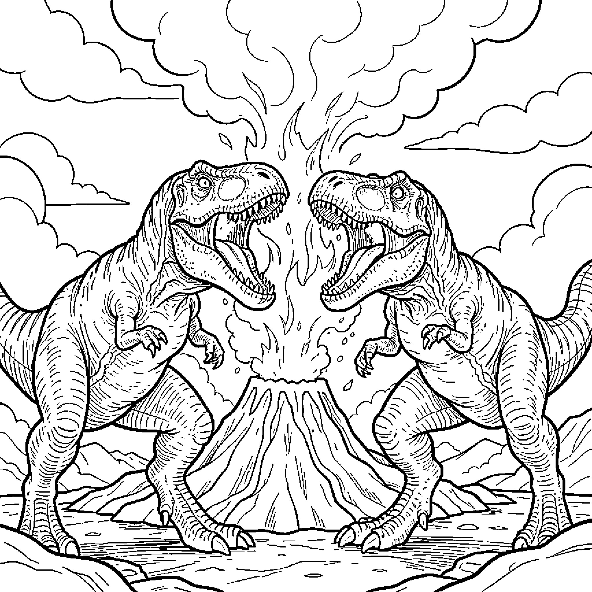 T-Rex Dinosaurs Battling Fiercely in Volcanic Landscape Coloring Page (free black-and-white line drawing printable PDF for all, from beginners to advanced learners, including children, teens, adults, and seniors)