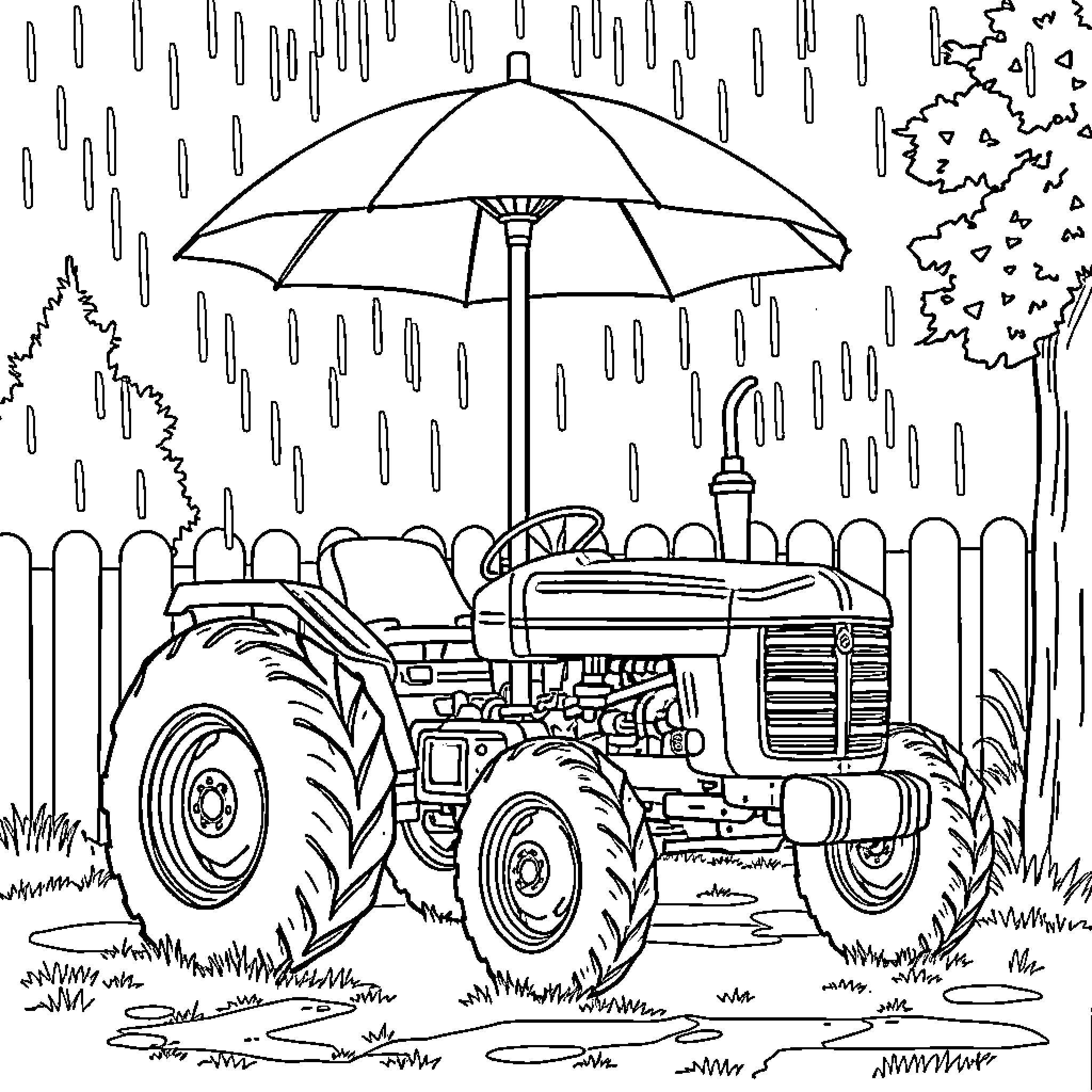 Tractor sheltering under umbrella during rainy day Coloring Page (free black-and-white line drawing printable PDF for all, from beginners to advanced learners, including children, teens, adults, and seniors)