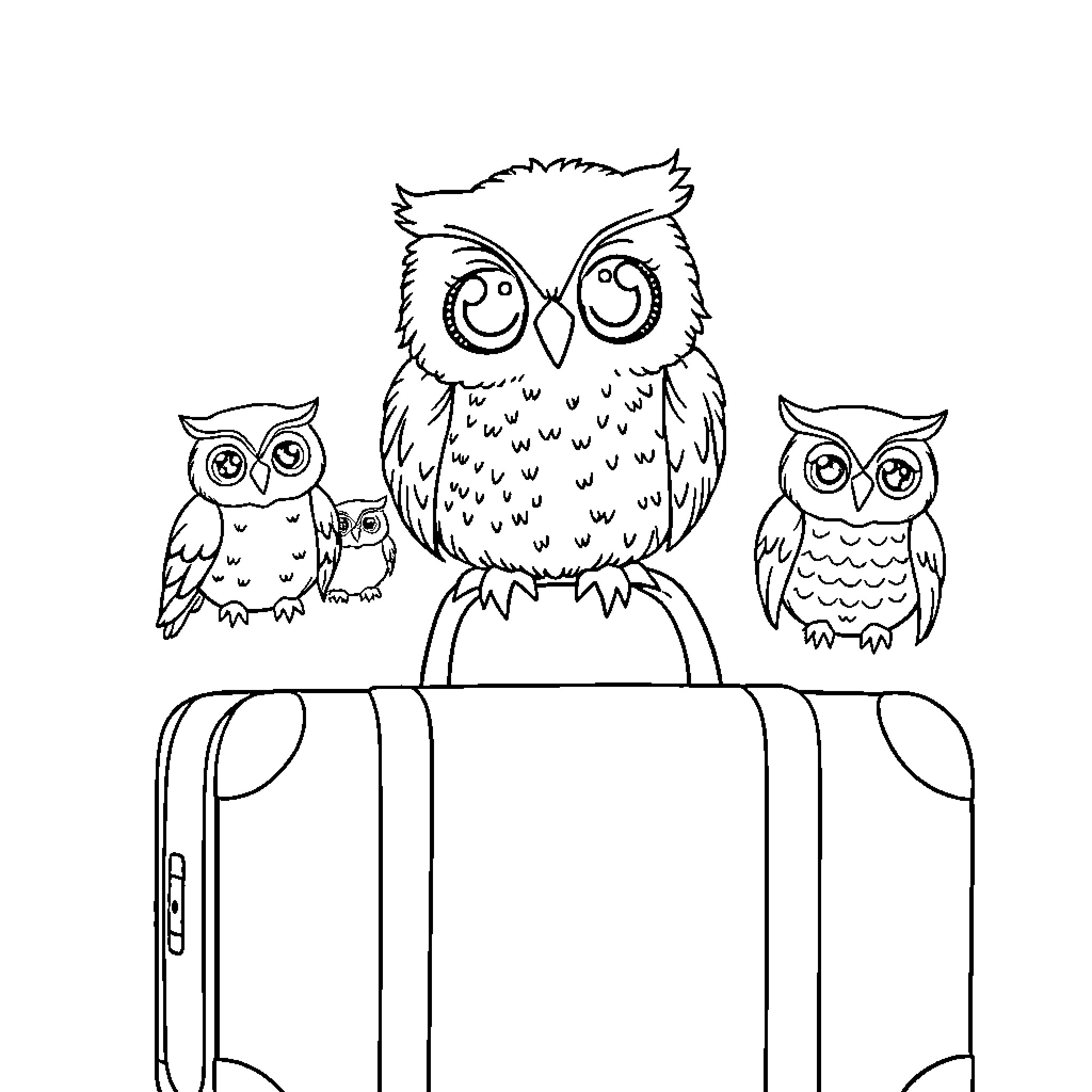 Owl family perched on suitcases Coloring Page (free black-and-white line drawing printable PDF for all, from beginners to advanced learners, including children, teens, adults, and seniors)