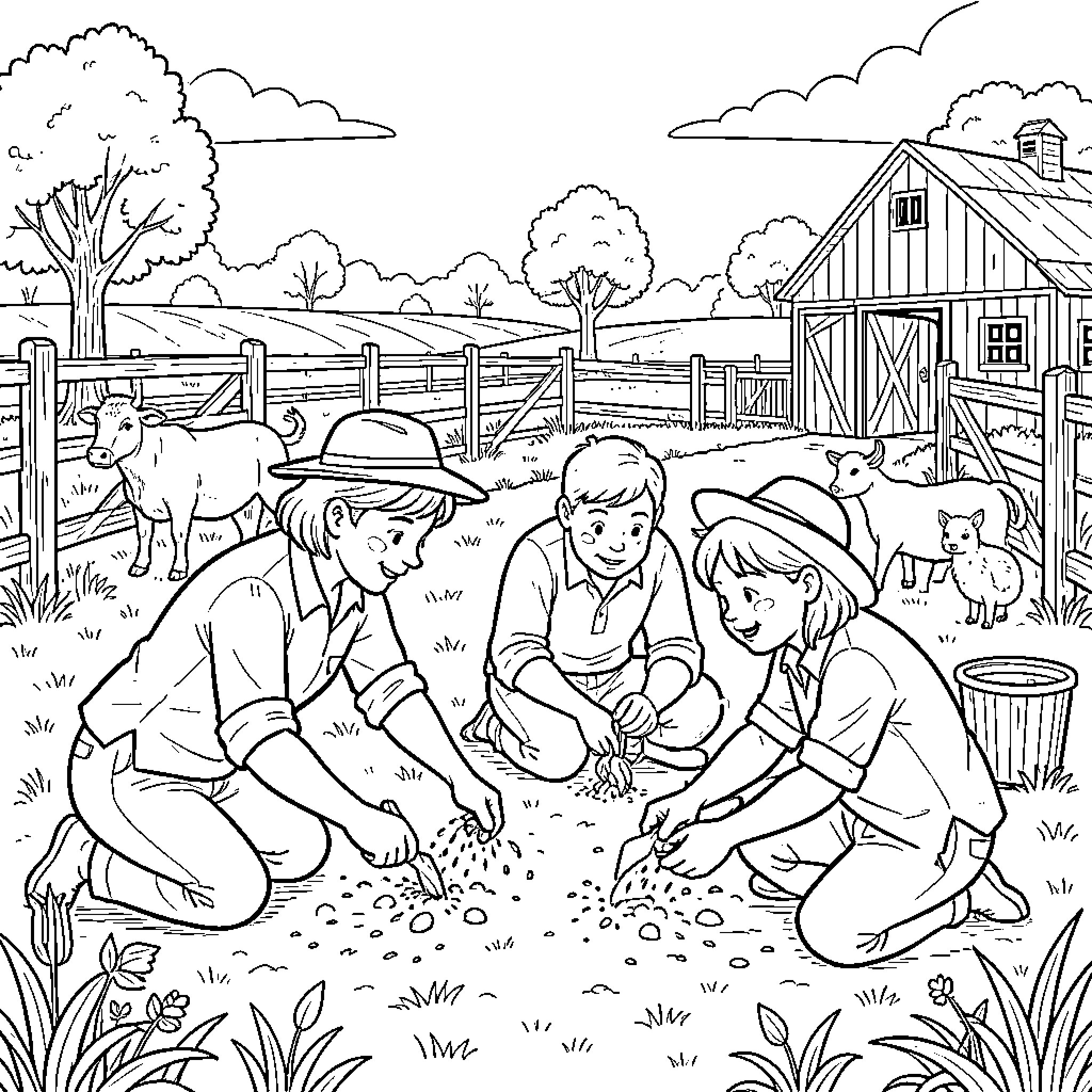 Family children planting seeds in a farm garden Coloring Page (free black-and-white line drawing printable PDF for all, from beginners to advanced learners, including children, teens, adults, and seniors)