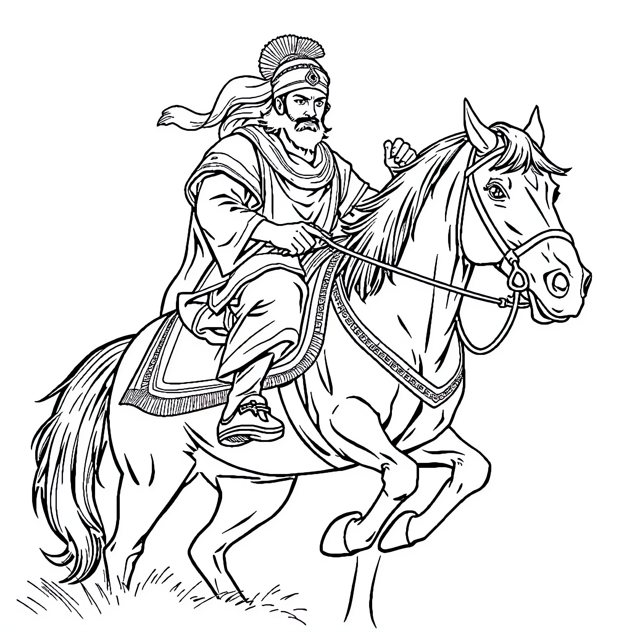 Rana on a majestic steed, in noble attire Coloring Page (free black-and-white line drawing printable PDF for all, from beginners to advanced learners, including children, teens, adults, and seniors)