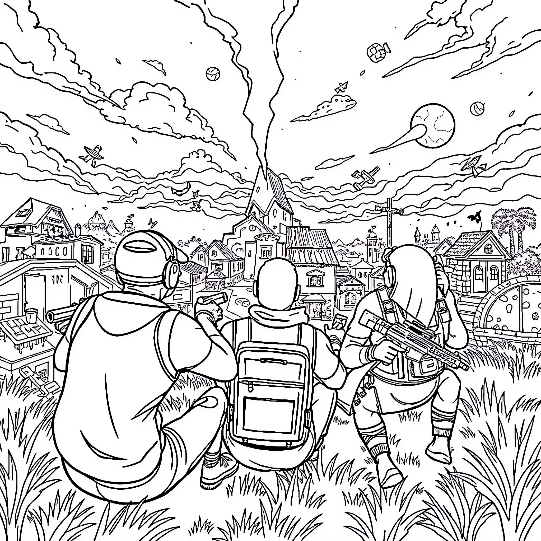 Fortnite characters exploring a surreal, cartoon-like landscape Coloring Page (free black-and-white line drawing printable PDF for all, from beginners to advanced learners, including children, teens, adults, and seniors)