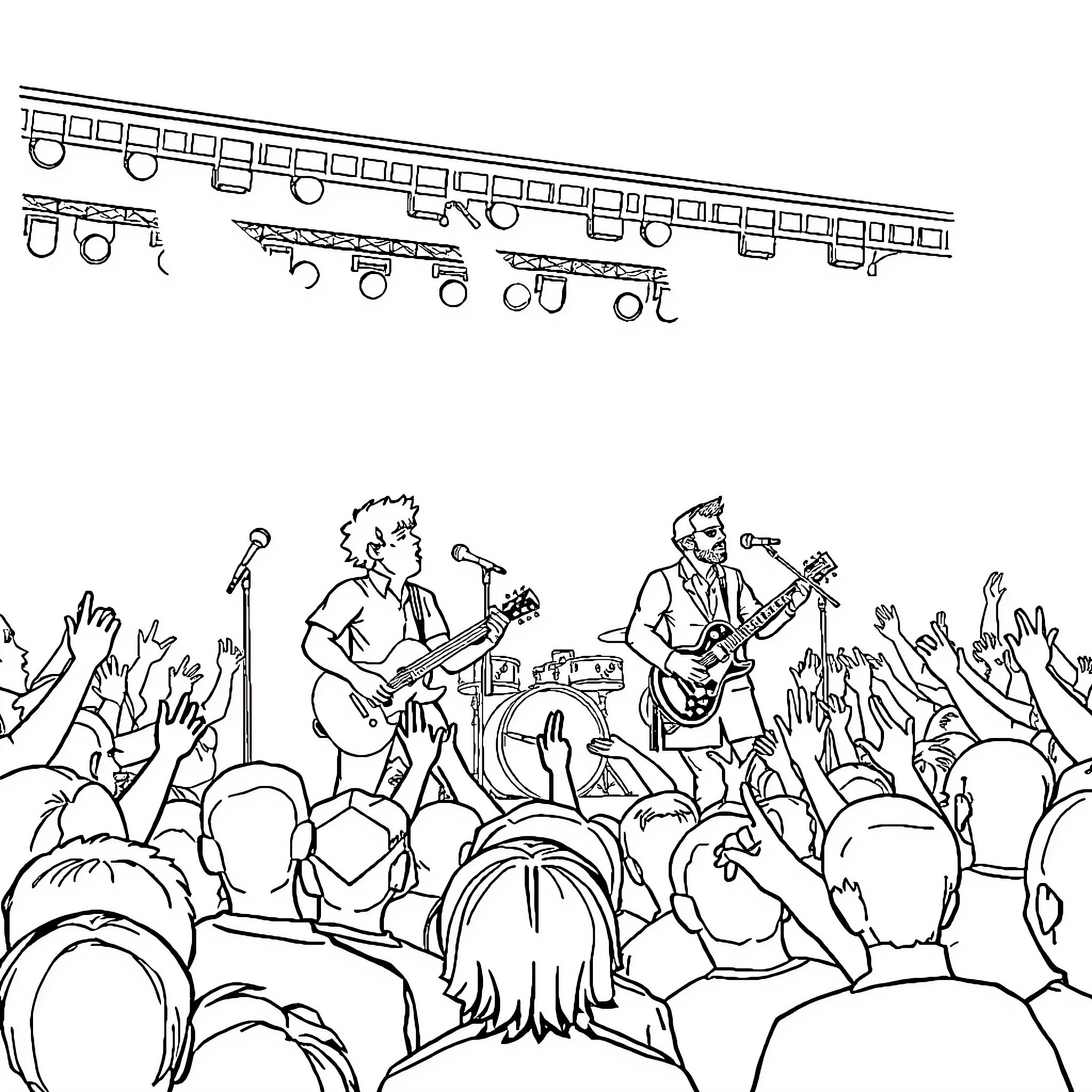 Bigflo et Oli performing on stage with energetic crowd Coloring Page (free black-and-white line drawing printable PDF for all, from beginners to advanced learners, including children, teens, adults, and seniors)