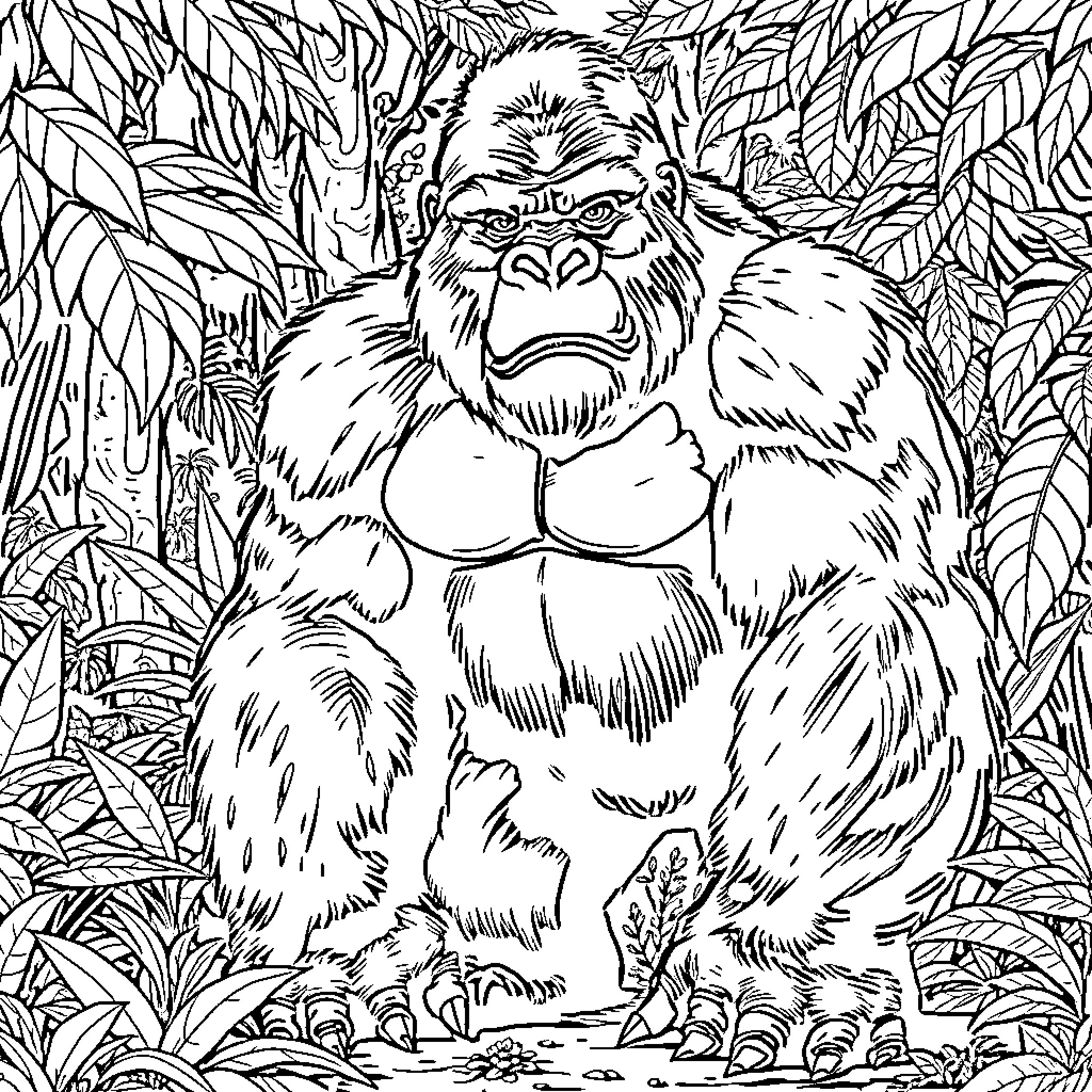 Joe the Mighty Gorilla in the Lush Jungle Coloring Page (free black-and-white line drawing printable PDF for all, from beginners to advanced learners, including children, teens, adults, and seniors)