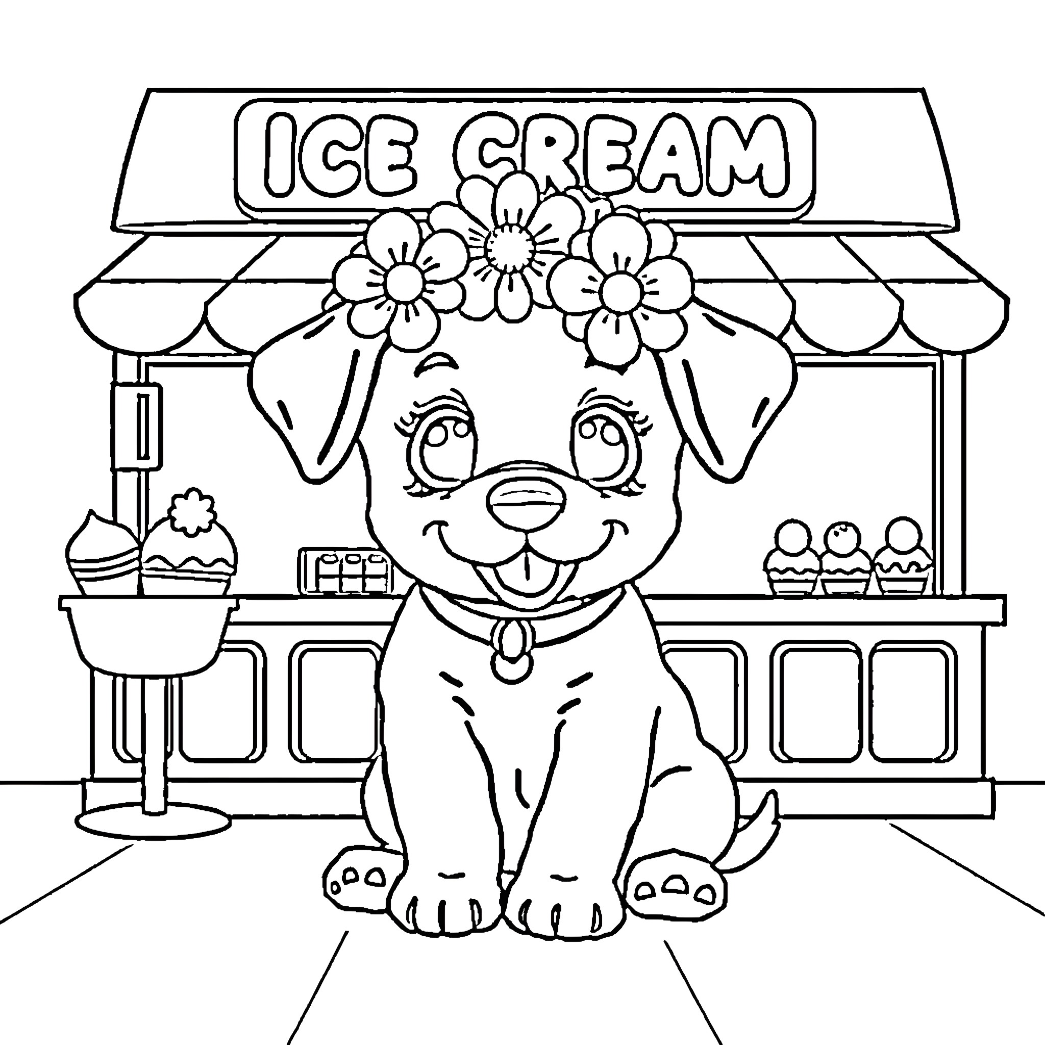 Puppy at the Ice Cream Shop Coloring Page (free black-and-white line drawing printable PDF for all, from beginners to advanced learners, including children, teens, adults, and seniors)