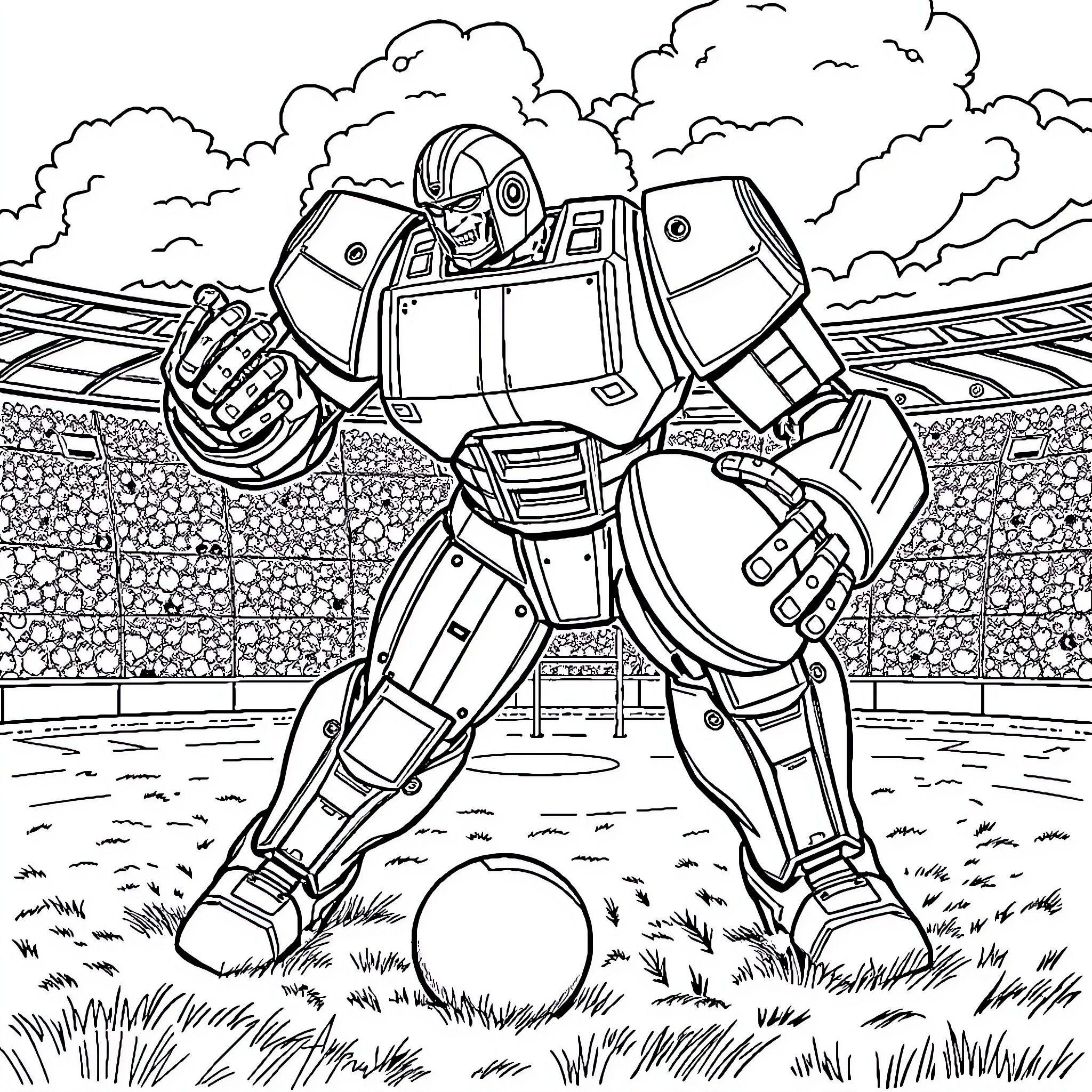 Goldorak robot playing soccer in a stadium Coloring Page (free black-and-white line drawing printable PDF for all, from beginners to advanced learners, including children, teens, adults, and seniors)