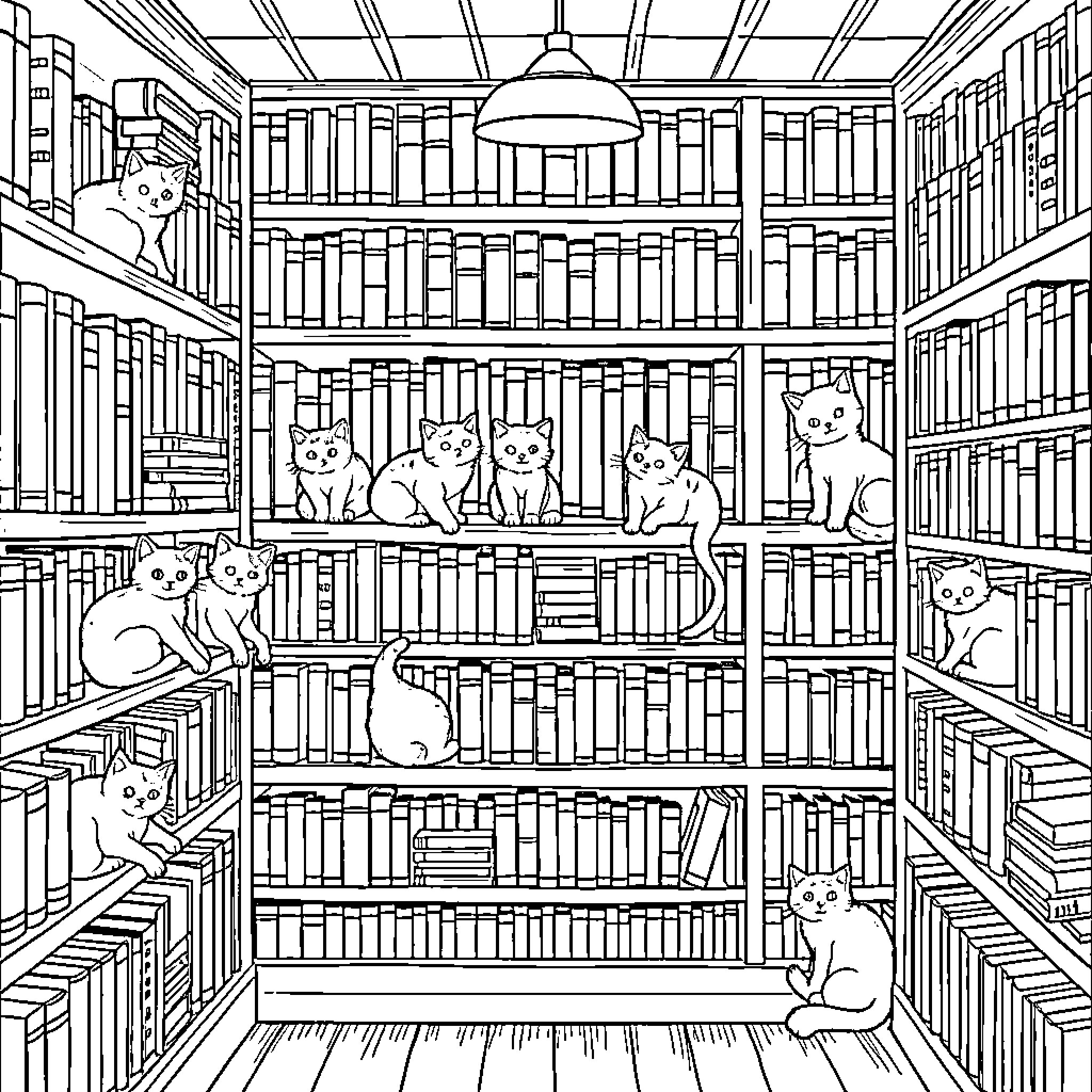 Cats exploring a cozy library filled with books Coloring Page (free black-and-white line drawing printable PDF for all, from beginners to advanced learners, including children, teens, adults, and seniors)