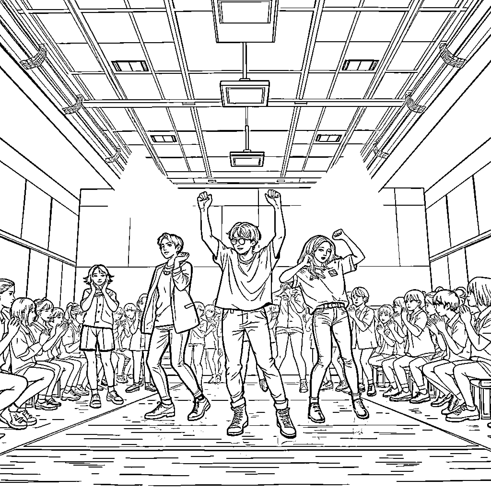 Kpop Idols Performing Energetic Dance Routine on Stage Coloring Page (free black-and-white line drawing printable PDF for all, from beginners to advanced learners, including children, teens, adults, and seniors)