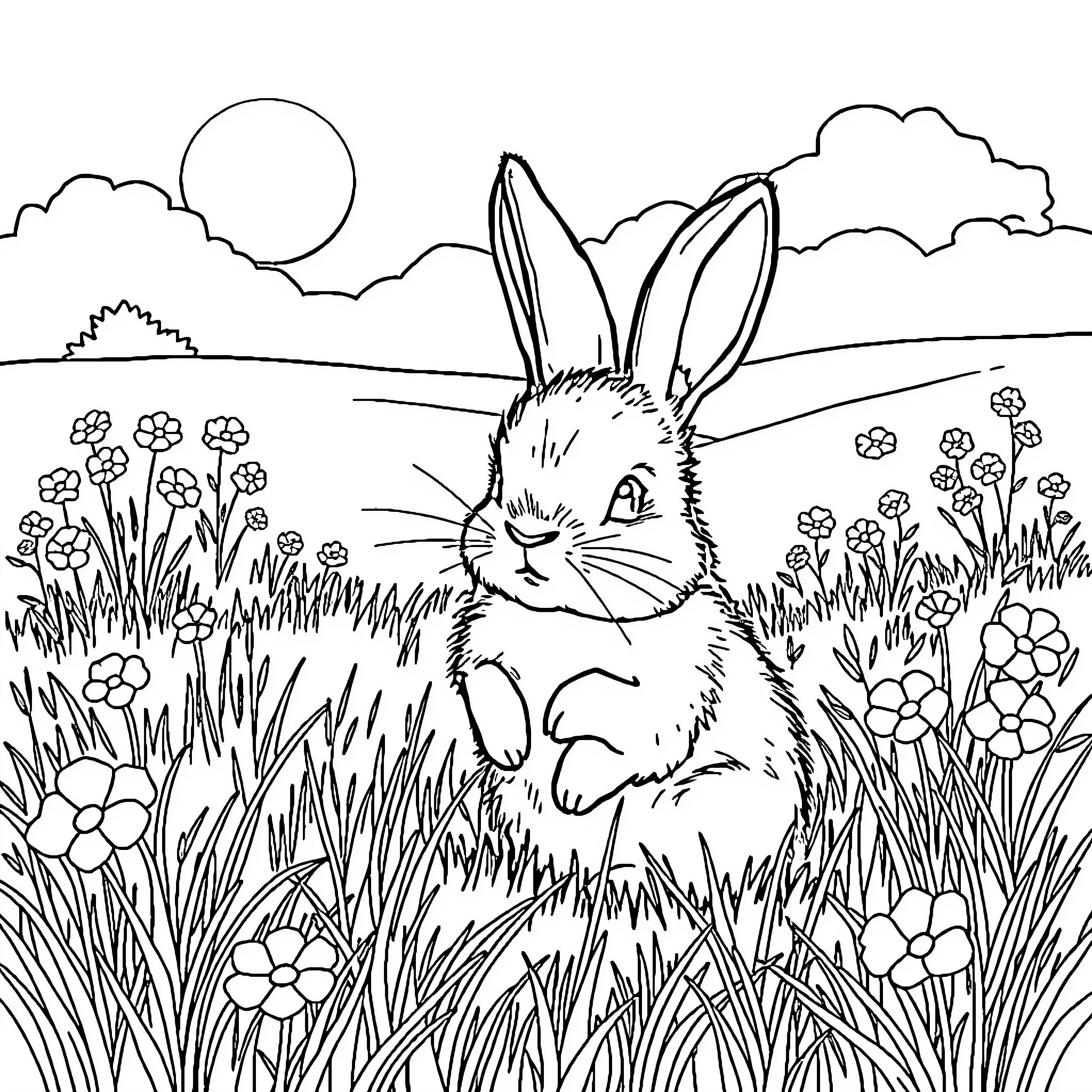 Rabbit sitting in a field of flowers Coloring Page (free black-and-white line drawing printable PDF for all, from beginners to advanced learners, including children, teens, adults, and seniors)