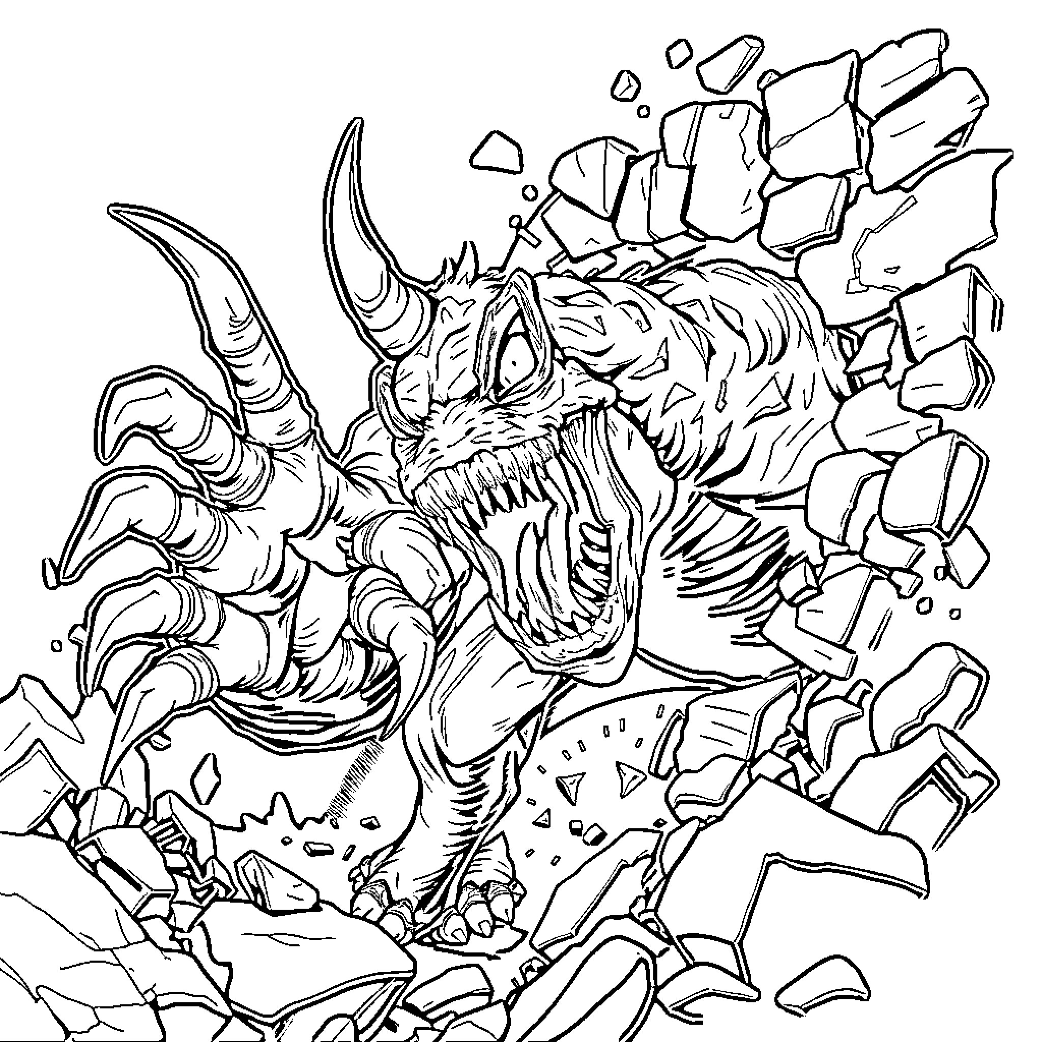 Monster emerging from cracked ground Coloring Page (free black-and-white line drawing printable PDF for all, from beginners to advanced learners, including children, teens, adults, and seniors)