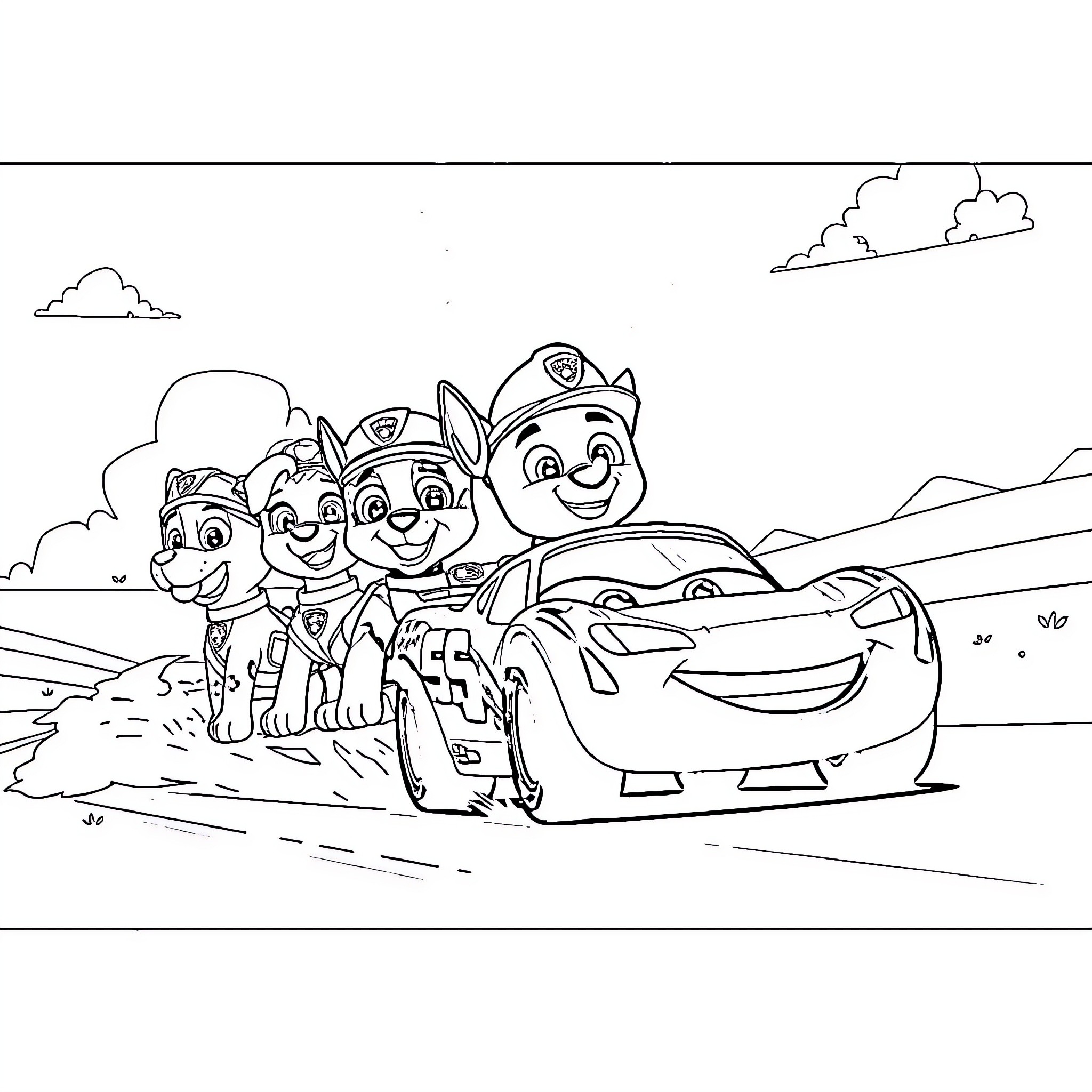 Paw Patrol Patrol Car Adventure with Friends Coloring Page (free black-and-white line drawing printable PDF for all, from beginners to advanced learners, including children, teens, adults, and seniors)
