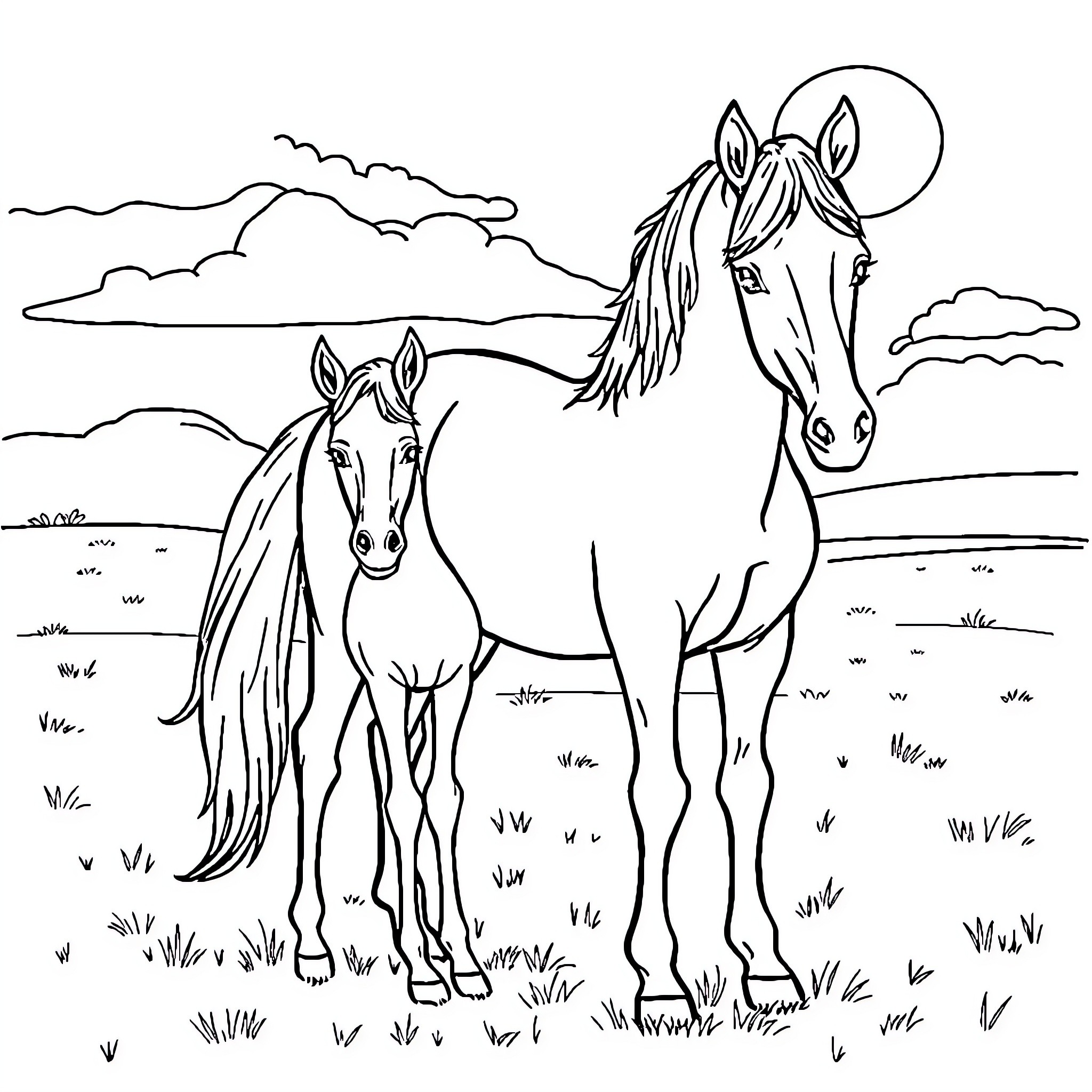 Horse roaming the countryside under the moonlight Coloring Page (free black-and-white line drawing printable PDF for all, from beginners to advanced learners, including children, teens, adults, and seniors)