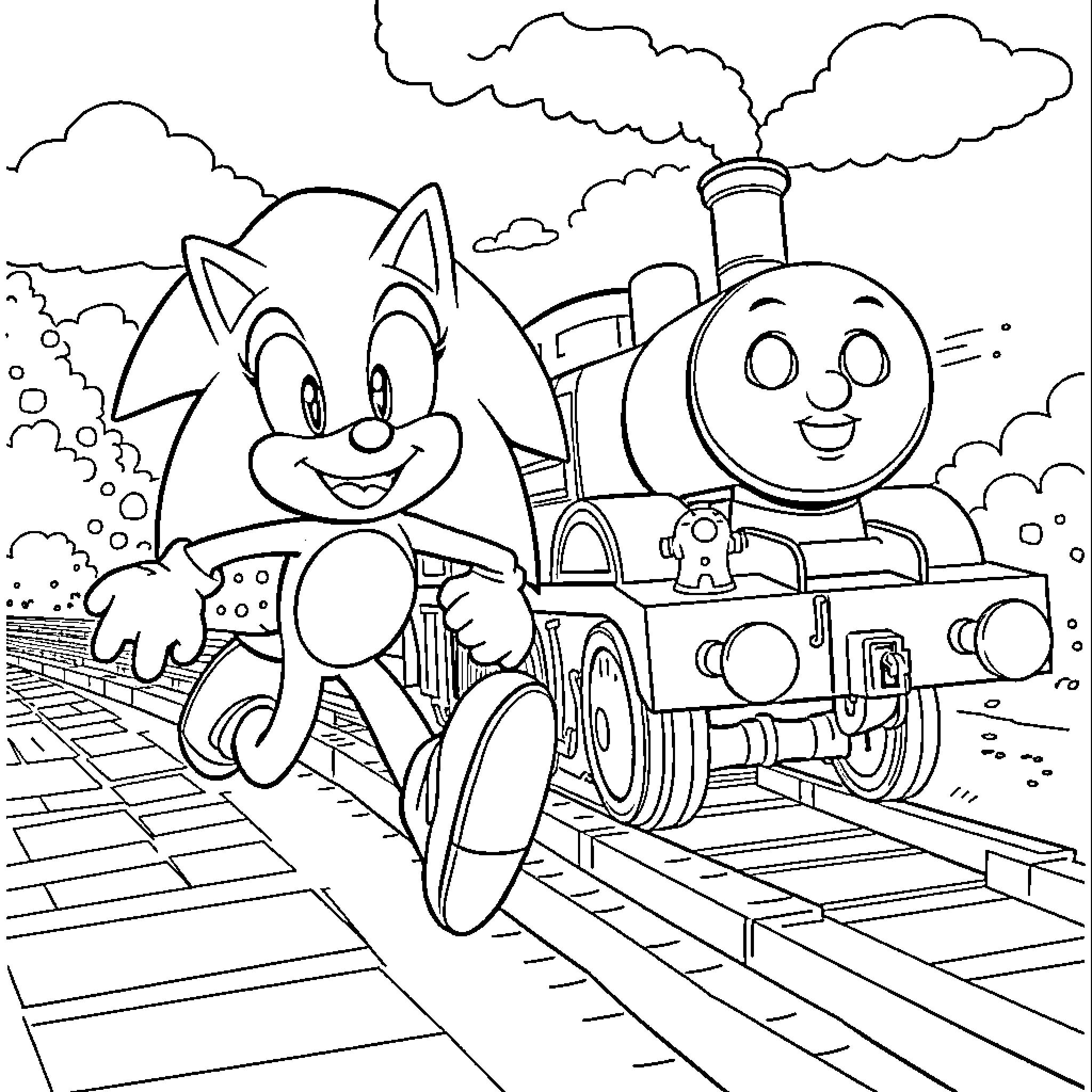 Sonic and Thomas the Tank Engine's Railway Adventure Coloring Page (free black-and-white line drawing printable PDF for all, from beginners to advanced learners, including children, teens, adults, and seniors)